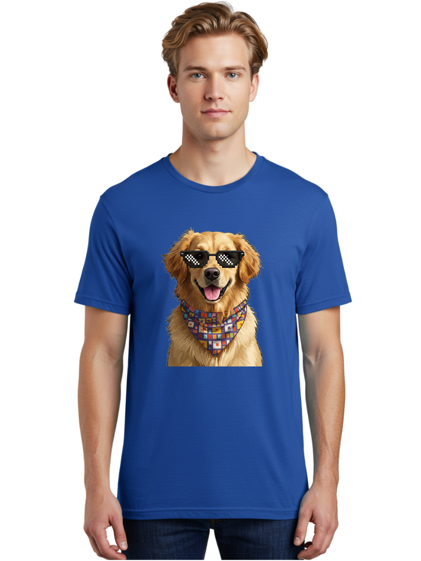 Golden-Retriever-6 Men'S Graphic Tee, 100% Cotton, Comfortable Casual Summer Wear, Machine Washable, Happy Golden Retriever, Cool Dog, Sunglasses, Checkered Pattern, Bandana, Colorful, Fun, Playful, Cute, Furry Friend, Dog Lover, Bab980