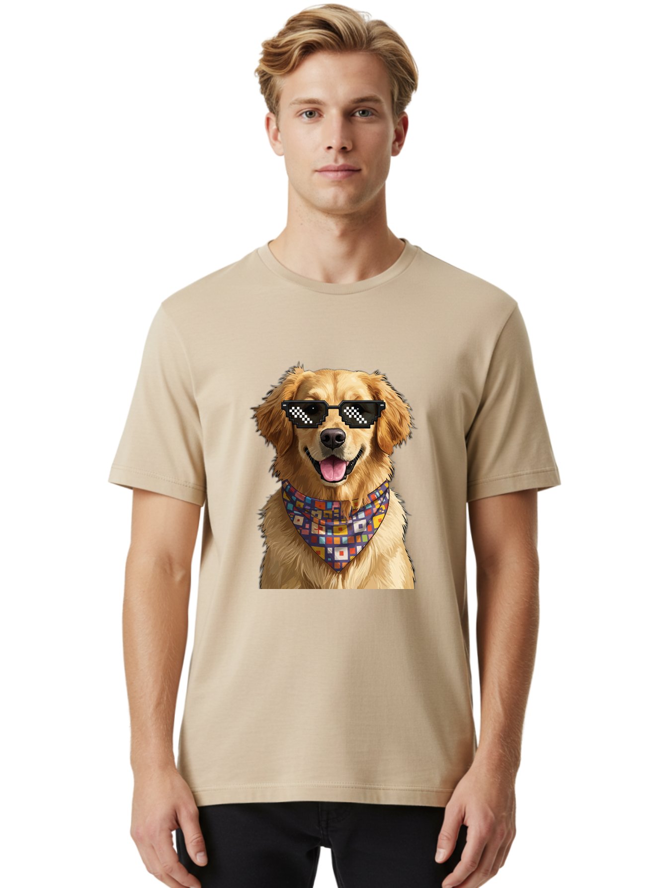 Golden-Retriever-6 Men'S Graphic Tee, 100% Cotton, Comfortable Casual Summer Wear, Machine Washable, Happy Golden Retriever, Cool Dog, Sunglasses, Checkered Pattern, Bandana, Colorful, Fun, Playful, Cute, Furry Friend, Dog Lover, Bab980