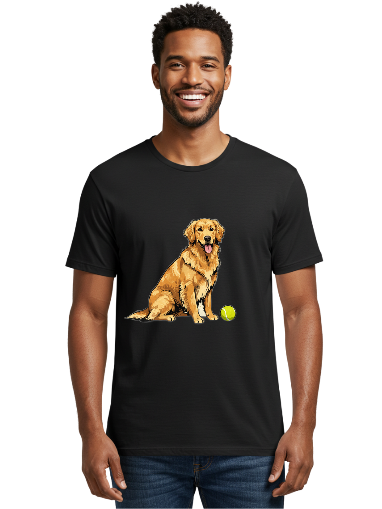Golden-Retriever-7 Men'S Graphic Tee, 100% Cotton, Comfortable Casual Summer Wear, Machine Washable, Golden Retriever Dog, Tennis Ball, Sitting Dog, Happy Dog, Dog Sports, Canine Companion, Furry Friend, Playful Mood, Dog Illustration, Bab981