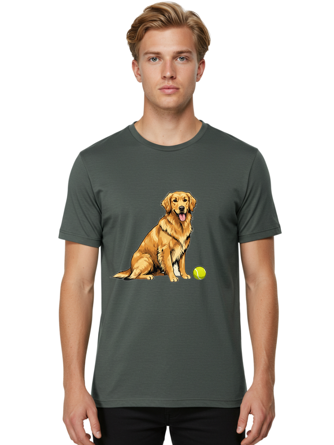 Golden-Retriever-7 Men'S Graphic Tee, 100% Cotton, Comfortable Casual Summer Wear, Machine Washable, Golden Retriever Dog, Tennis Ball, Sitting Dog, Happy Dog, Dog Sports, Canine Companion, Furry Friend, Playful Mood, Dog Illustration, Bab981