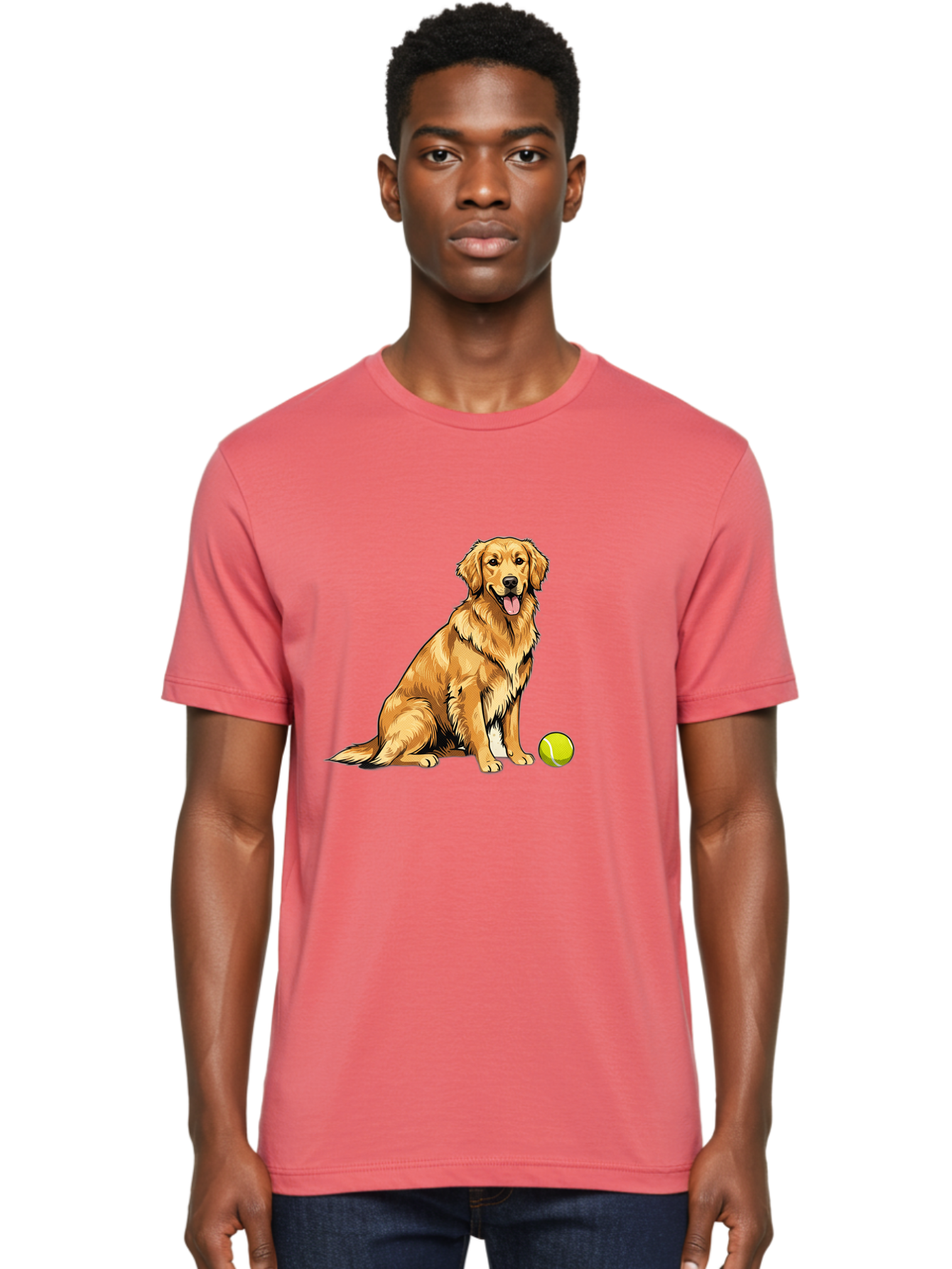 Golden-Retriever-7 Men'S Graphic Tee, 100% Cotton, Comfortable Casual Summer Wear, Machine Washable, Golden Retriever Dog, Tennis Ball, Sitting Dog, Happy Dog, Dog Sports, Canine Companion, Furry Friend, Playful Mood, Dog Illustration, Bab981
