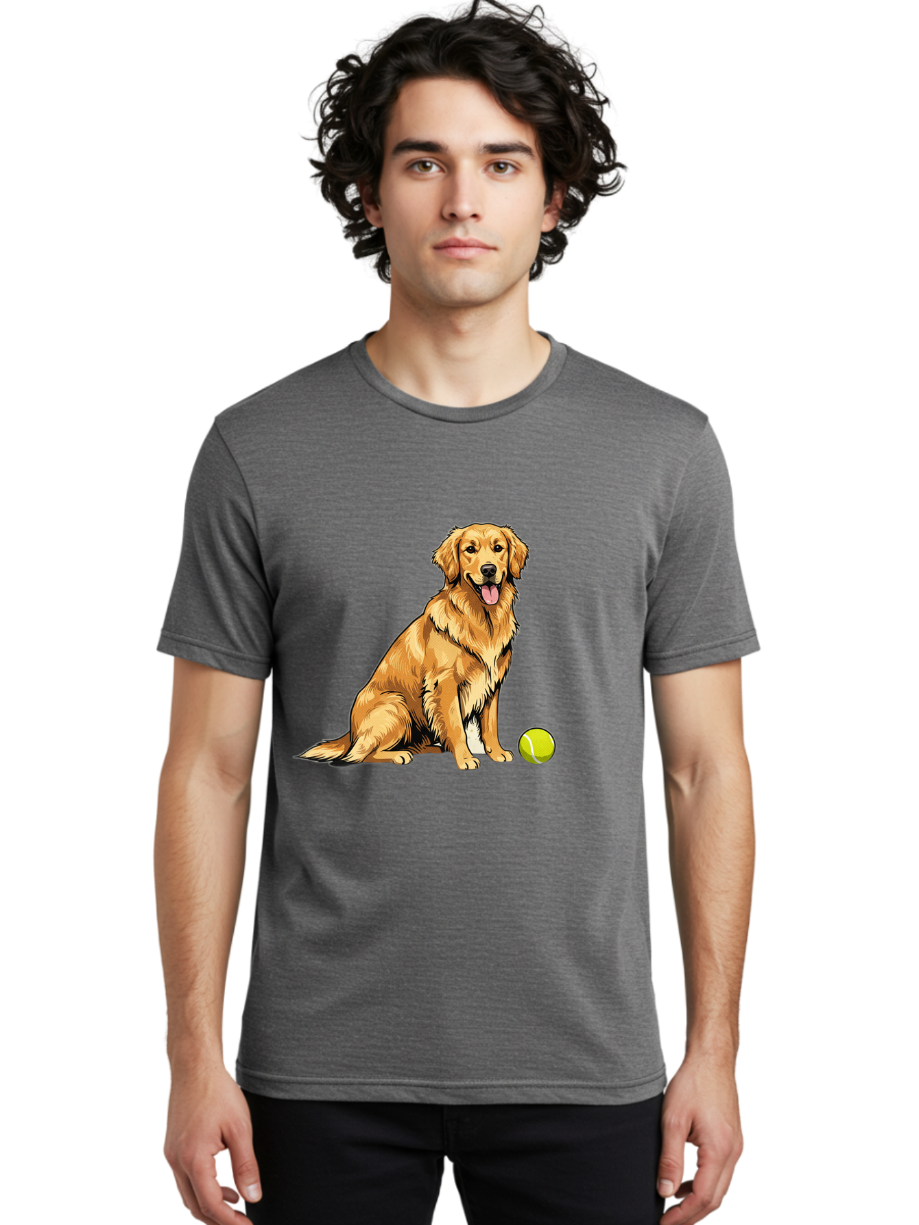 Golden-Retriever-7 Men'S Graphic Tee, 100% Cotton, Comfortable Casual Summer Wear, Machine Washable, Golden Retriever Dog, Tennis Ball, Sitting Dog, Happy Dog, Dog Sports, Canine Companion, Furry Friend, Playful Mood, Dog Illustration, Bab981