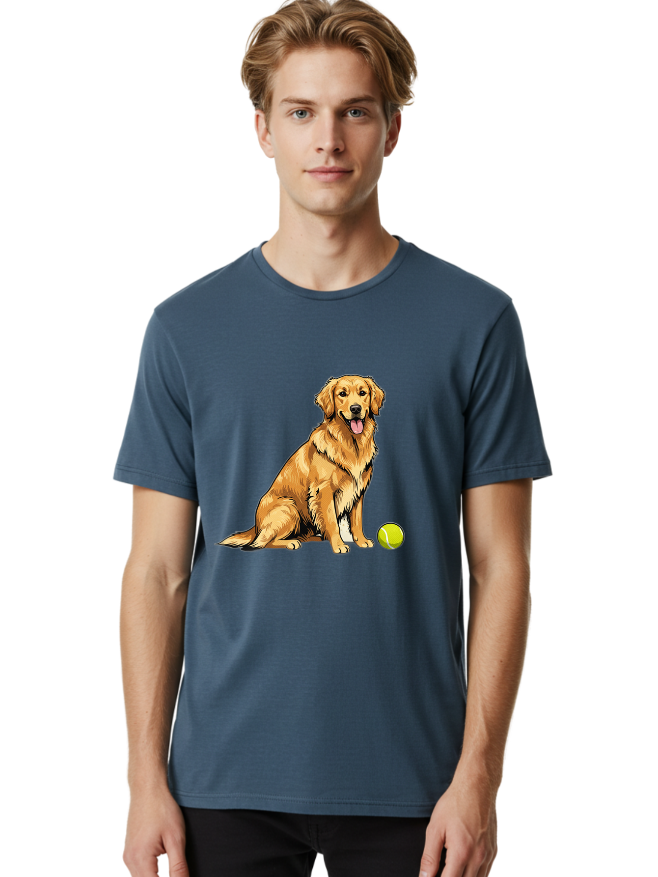 Golden-Retriever-7 Men'S Graphic Tee, 100% Cotton, Comfortable Casual Summer Wear, Machine Washable, Golden Retriever Dog, Tennis Ball, Sitting Dog, Happy Dog, Dog Sports, Canine Companion, Furry Friend, Playful Mood, Dog Illustration, Bab981