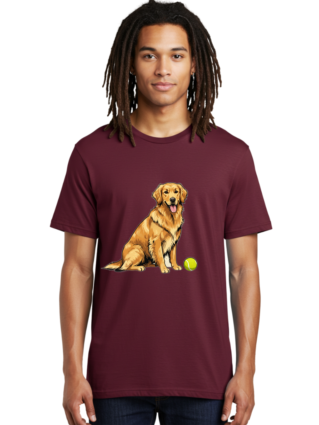 Golden-Retriever-7 Men'S Graphic Tee, 100% Cotton, Comfortable Casual Summer Wear, Machine Washable, Golden Retriever Dog, Tennis Ball, Sitting Dog, Happy Dog, Dog Sports, Canine Companion, Furry Friend, Playful Mood, Dog Illustration, Bab981