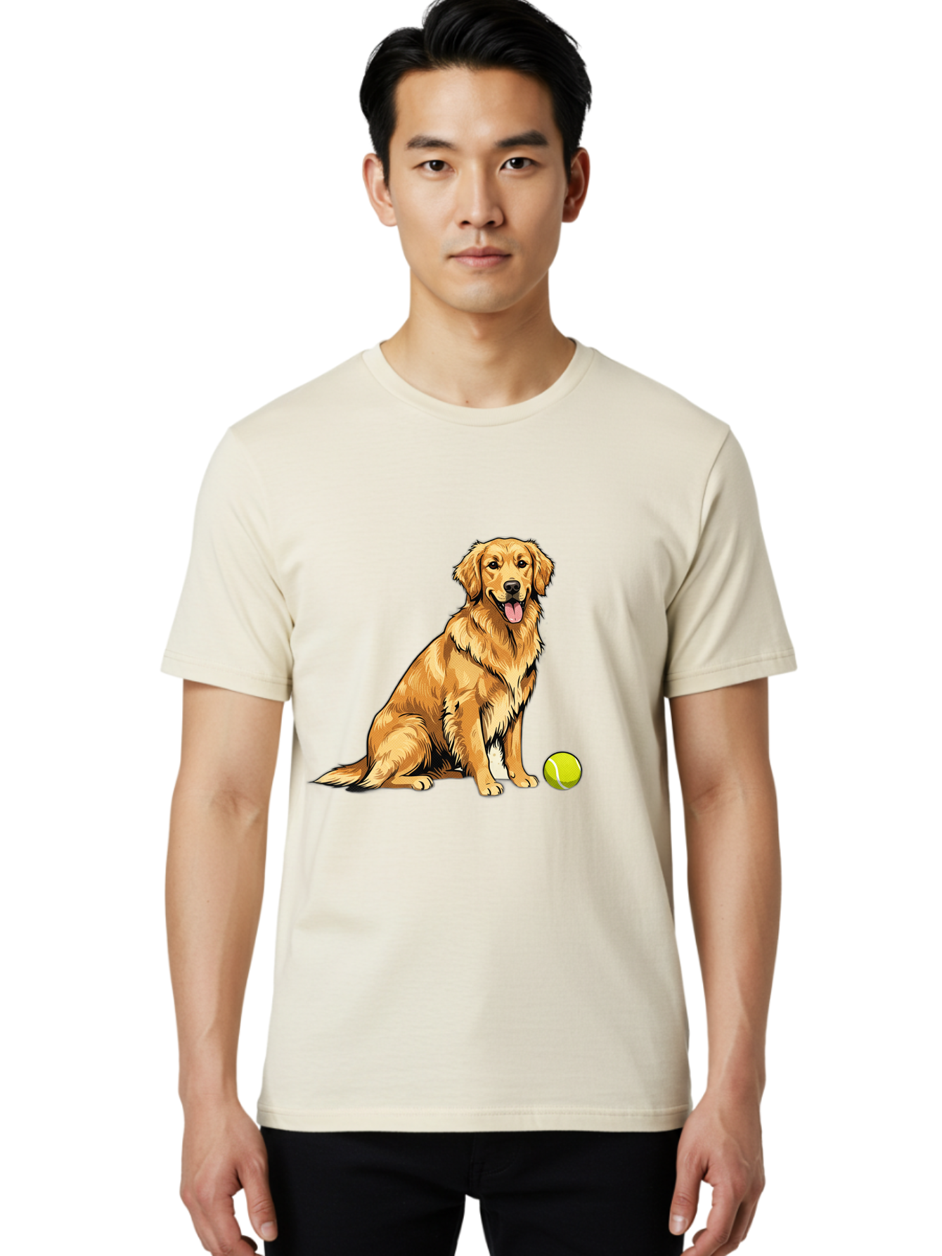 Golden-Retriever-7 Men'S Graphic Tee, 100% Cotton, Comfortable Casual Summer Wear, Machine Washable, Golden Retriever Dog, Tennis Ball, Sitting Dog, Happy Dog, Dog Sports, Canine Companion, Furry Friend, Playful Mood, Dog Illustration, Bab981