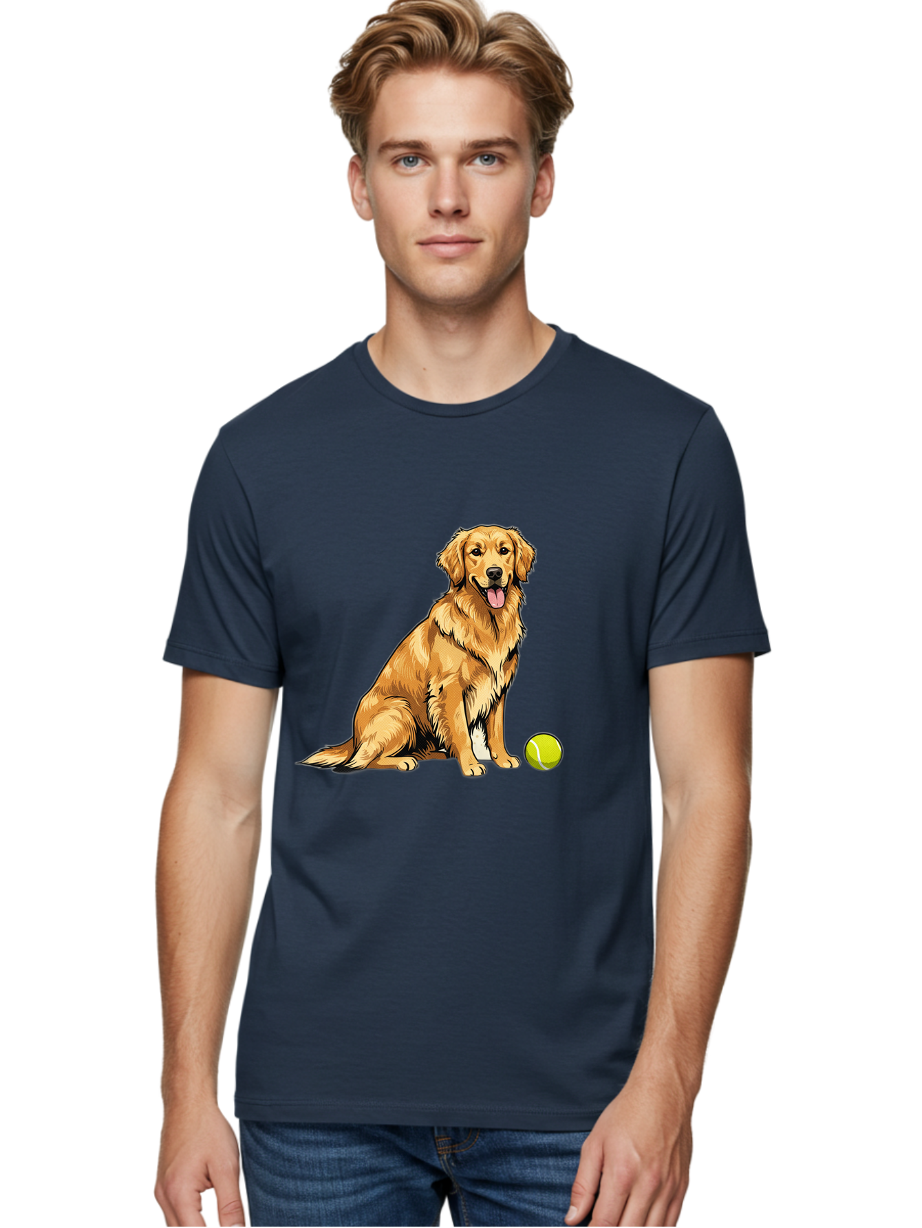 Golden-Retriever-7 Men'S Graphic Tee, 100% Cotton, Comfortable Casual Summer Wear, Machine Washable, Golden Retriever Dog, Tennis Ball, Sitting Dog, Happy Dog, Dog Sports, Canine Companion, Furry Friend, Playful Mood, Dog Illustration, Bab981