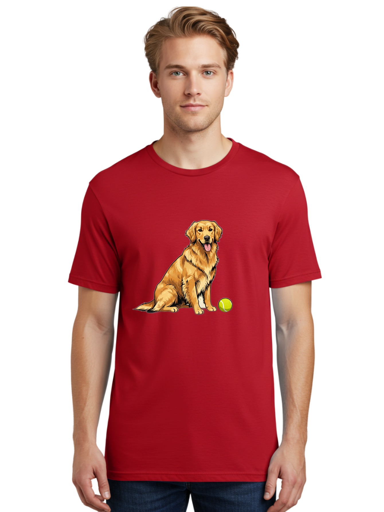 Golden-Retriever-7 Men'S Graphic Tee, 100% Cotton, Comfortable Casual Summer Wear, Machine Washable, Golden Retriever Dog, Tennis Ball, Sitting Dog, Happy Dog, Dog Sports, Canine Companion, Furry Friend, Playful Mood, Dog Illustration, Bab981