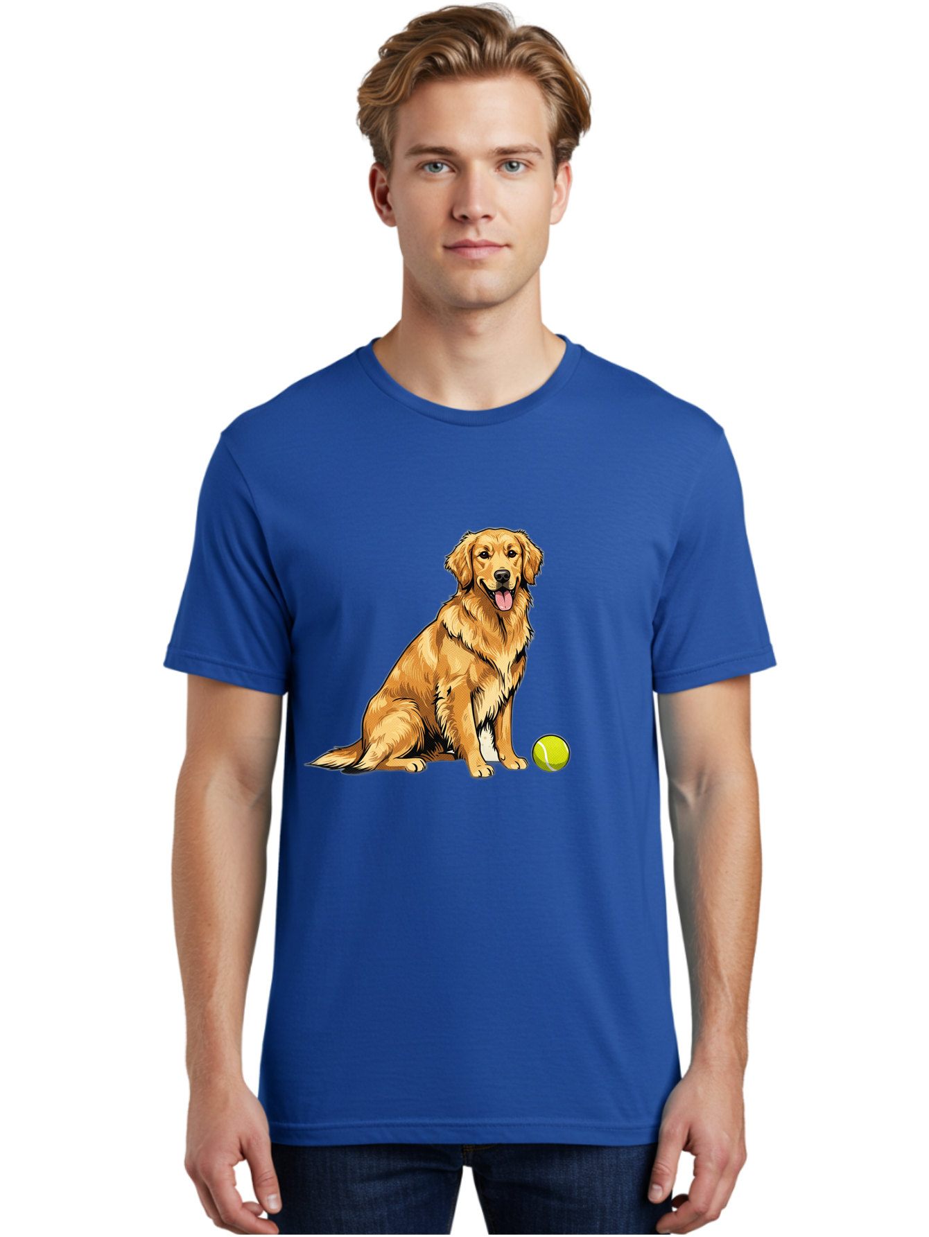 Golden-Retriever-7 Men'S Graphic Tee, 100% Cotton, Comfortable Casual Summer Wear, Machine Washable, Golden Retriever Dog, Tennis Ball, Sitting Dog, Happy Dog, Dog Sports, Canine Companion, Furry Friend, Playful Mood, Dog Illustration, Bab981