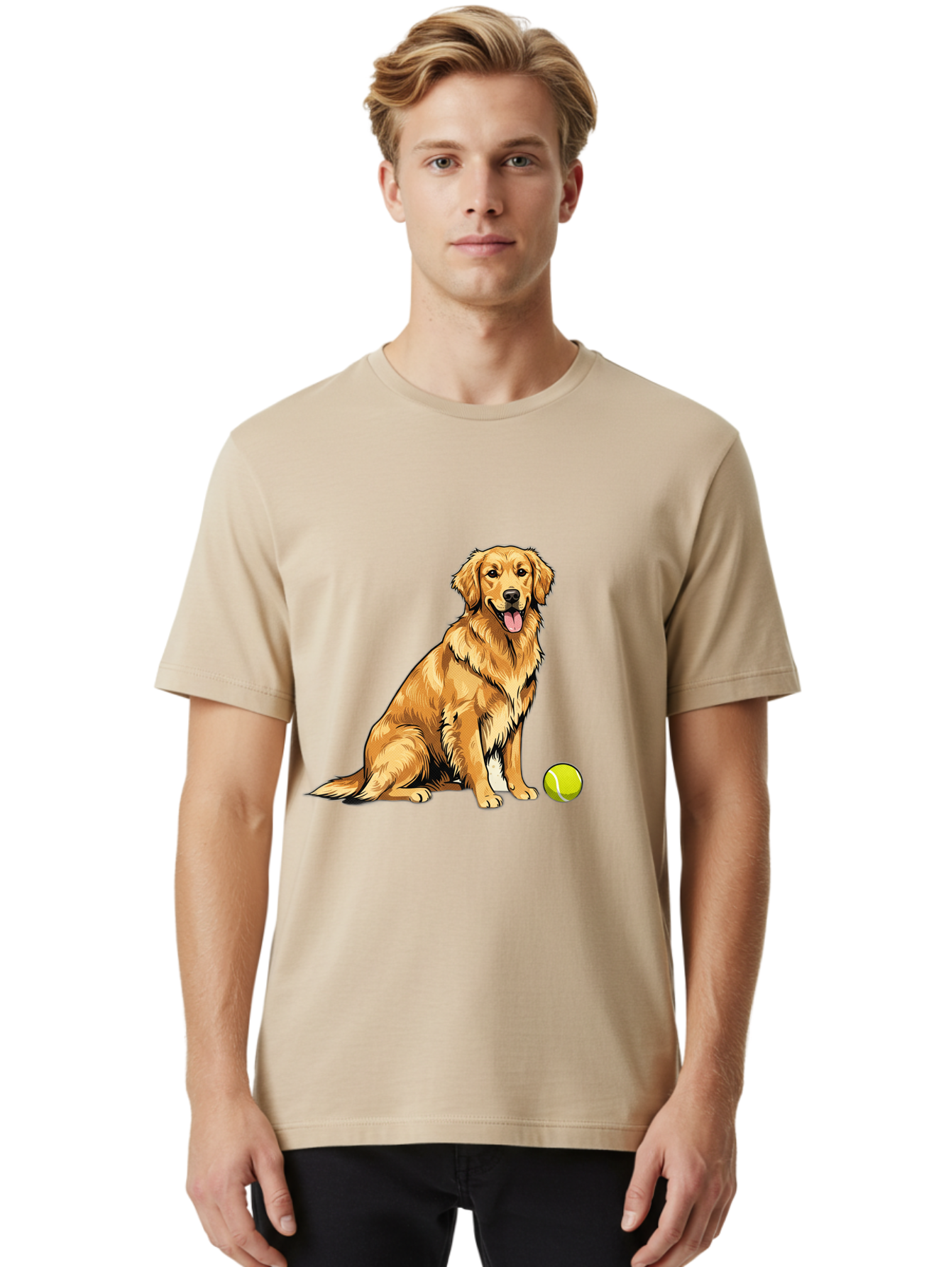 Golden-Retriever-7 Men'S Graphic Tee, 100% Cotton, Comfortable Casual Summer Wear, Machine Washable, Golden Retriever Dog, Tennis Ball, Sitting Dog, Happy Dog, Dog Sports, Canine Companion, Furry Friend, Playful Mood, Dog Illustration, Bab981