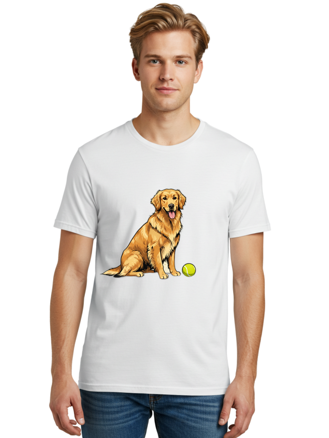 Golden-Retriever-7 Men'S Graphic Tee, 100% Cotton, Comfortable Casual Summer Wear, Machine Washable, Golden Retriever Dog, Tennis Ball, Sitting Dog, Happy Dog, Dog Sports, Canine Companion, Furry Friend, Playful Mood, Dog Illustration, Bab981