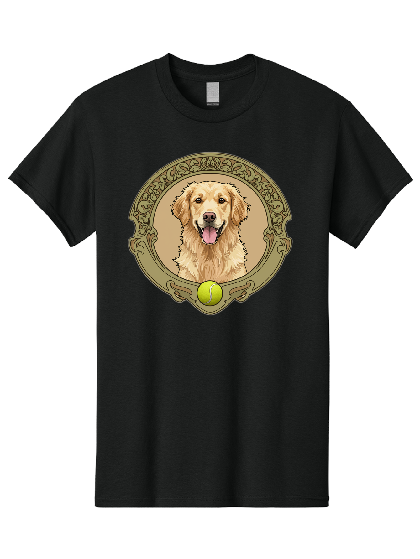 Golden-Retriever-8 Men'S Graphic Tee, 100% Cotton, Comfortable Casual Summer Wear, Machine Washable, Golden Retriever Head, Happy Dog, Tennis Ball, Ornate Frame, Vintage Style, Playful Pet, Dog Illustration, Retriever Breed, Tennis Ball Theme, Bab982