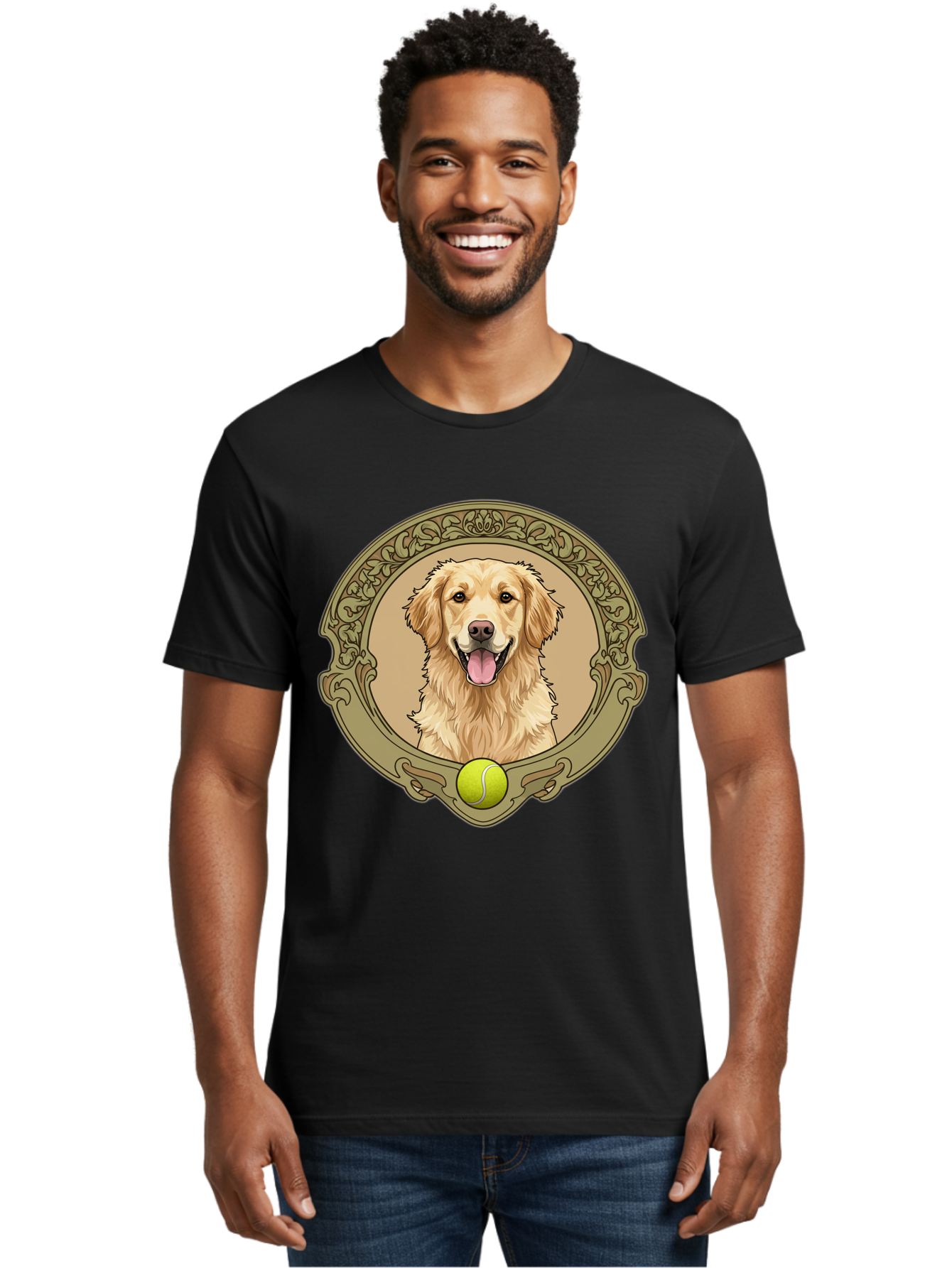 Golden-Retriever-8 Men'S Graphic Tee, 100% Cotton, Comfortable Casual Summer Wear, Machine Washable, Golden Retriever Head, Happy Dog, Tennis Ball, Ornate Frame, Vintage Style, Playful Pet, Dog Illustration, Retriever Breed, Tennis Ball Theme, Bab982