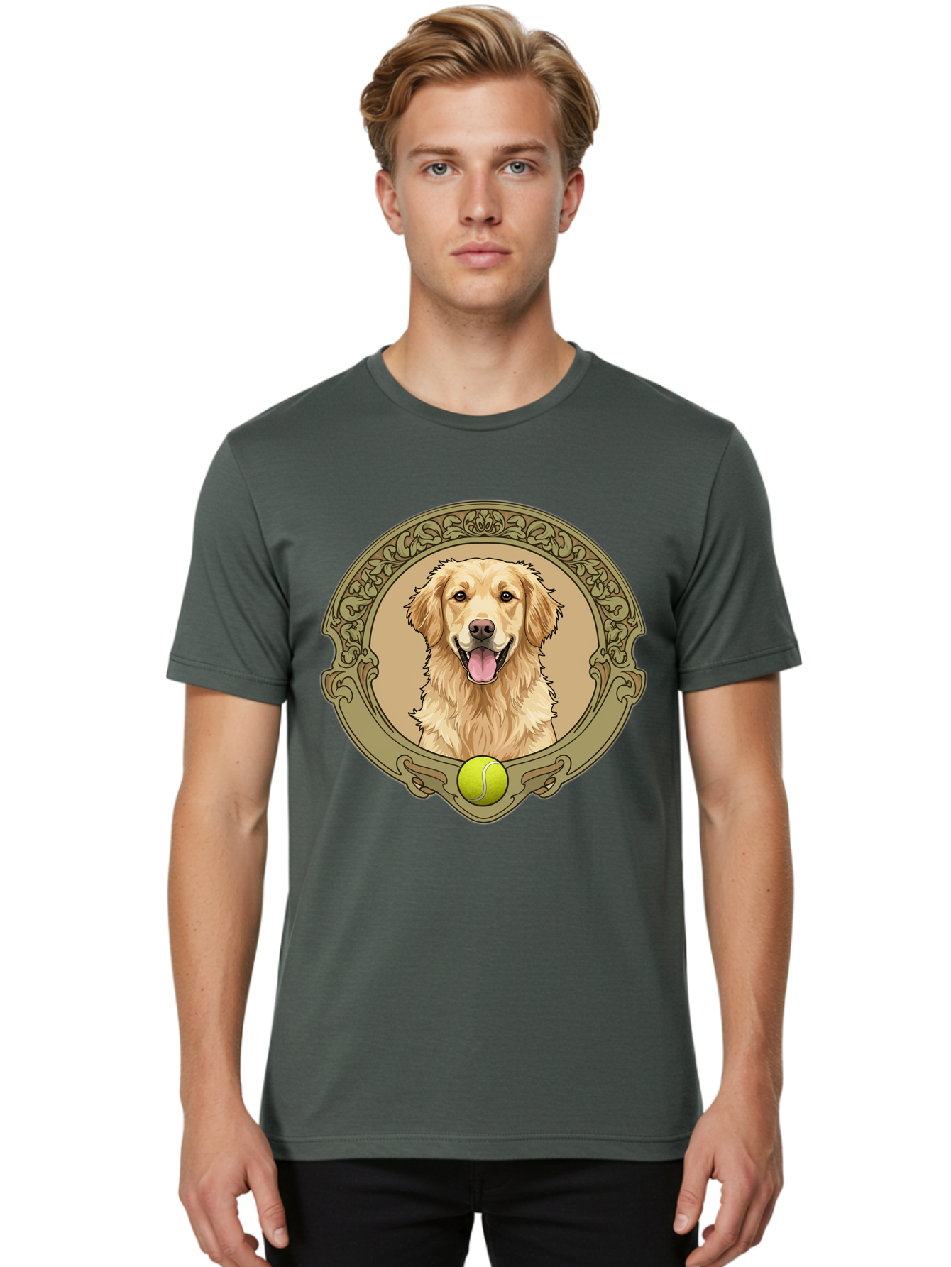 Golden-Retriever-8 Men'S Graphic Tee, 100% Cotton, Comfortable Casual Summer Wear, Machine Washable, Golden Retriever Head, Happy Dog, Tennis Ball, Ornate Frame, Vintage Style, Playful Pet, Dog Illustration, Retriever Breed, Tennis Ball Theme, Bab982