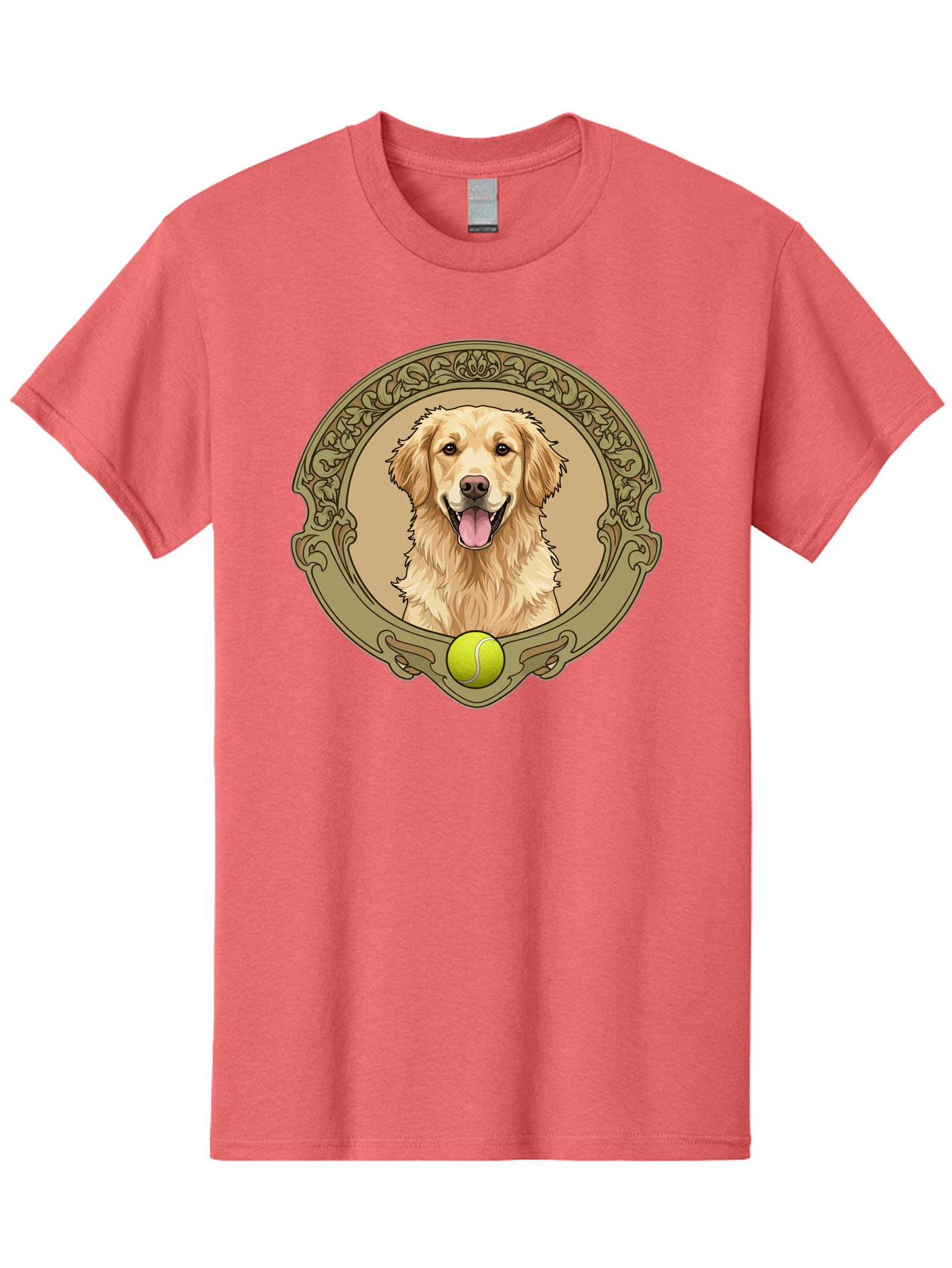 Golden-Retriever-8 Men'S Graphic Tee, 100% Cotton, Comfortable Casual Summer Wear, Machine Washable, Golden Retriever Head, Happy Dog, Tennis Ball, Ornate Frame, Vintage Style, Playful Pet, Dog Illustration, Retriever Breed, Tennis Ball Theme, Bab982