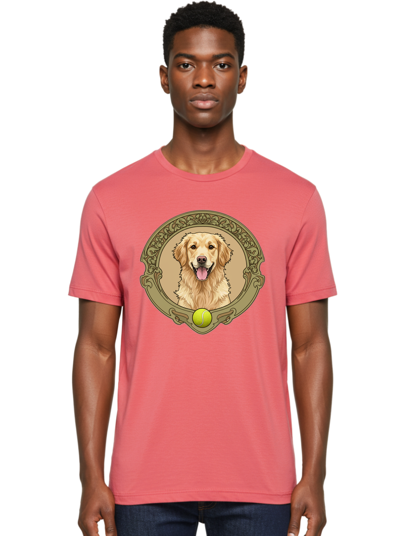 Golden-Retriever-8 Men'S Graphic Tee, 100% Cotton, Comfortable Casual Summer Wear, Machine Washable, Golden Retriever Head, Happy Dog, Tennis Ball, Ornate Frame, Vintage Style, Playful Pet, Dog Illustration, Retriever Breed, Tennis Ball Theme, Bab982