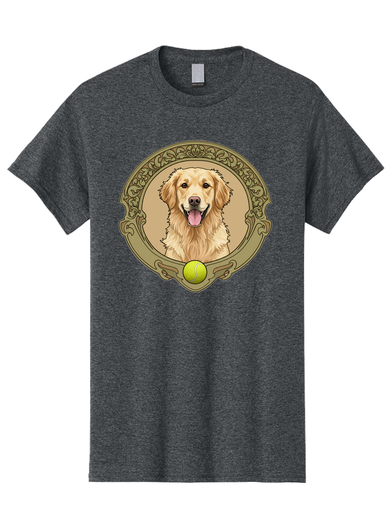 Golden-Retriever-8 Men'S Graphic Tee, 100% Cotton, Comfortable Casual Summer Wear, Machine Washable, Golden Retriever Head, Happy Dog, Tennis Ball, Ornate Frame, Vintage Style, Playful Pet, Dog Illustration, Retriever Breed, Tennis Ball Theme, Bab982