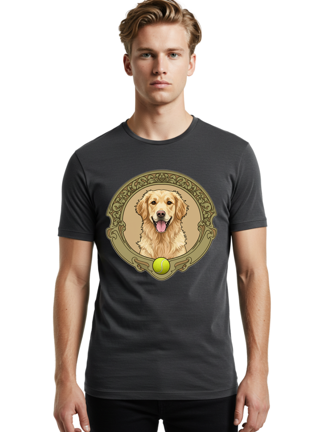 Golden-Retriever-8 Men'S Graphic Tee, 100% Cotton, Comfortable Casual Summer Wear, Machine Washable, Golden Retriever Head, Happy Dog, Tennis Ball, Ornate Frame, Vintage Style, Playful Pet, Dog Illustration, Retriever Breed, Tennis Ball Theme, Bab982