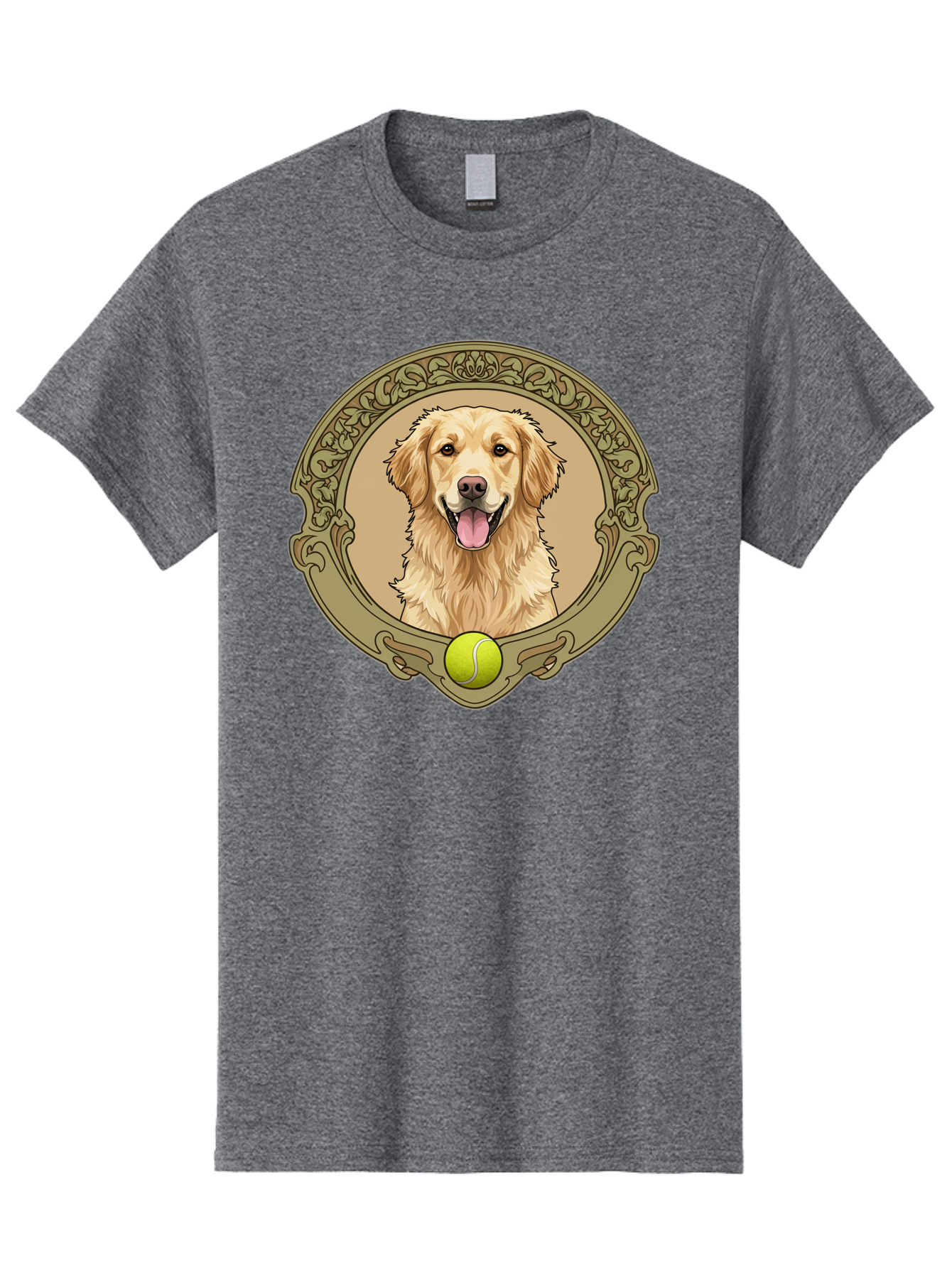Golden-Retriever-8 Men'S Graphic Tee, 100% Cotton, Comfortable Casual Summer Wear, Machine Washable, Golden Retriever Head, Happy Dog, Tennis Ball, Ornate Frame, Vintage Style, Playful Pet, Dog Illustration, Retriever Breed, Tennis Ball Theme, Bab982