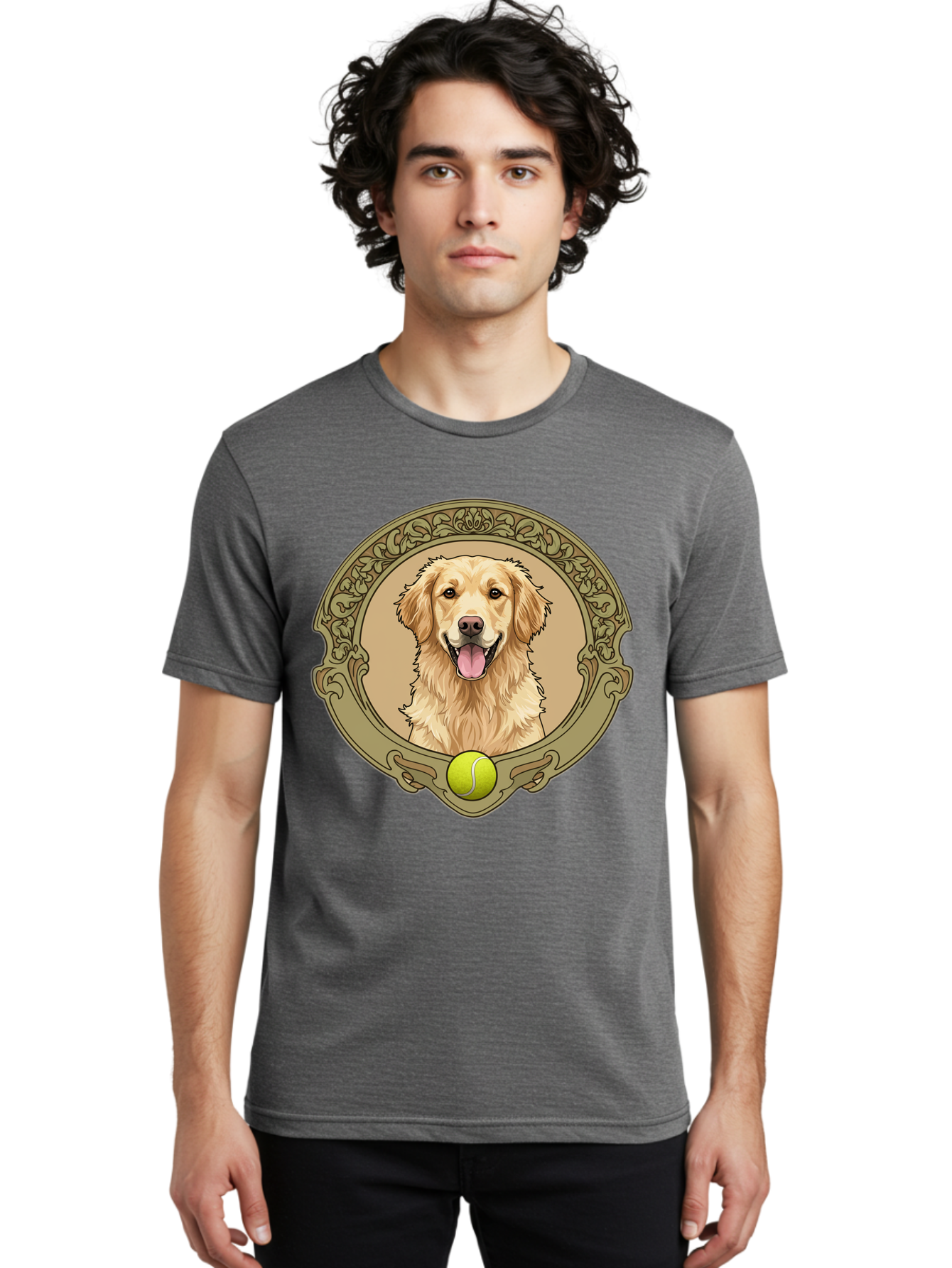 Golden-Retriever-8 Men'S Graphic Tee, 100% Cotton, Comfortable Casual Summer Wear, Machine Washable, Golden Retriever Head, Happy Dog, Tennis Ball, Ornate Frame, Vintage Style, Playful Pet, Dog Illustration, Retriever Breed, Tennis Ball Theme, Bab982