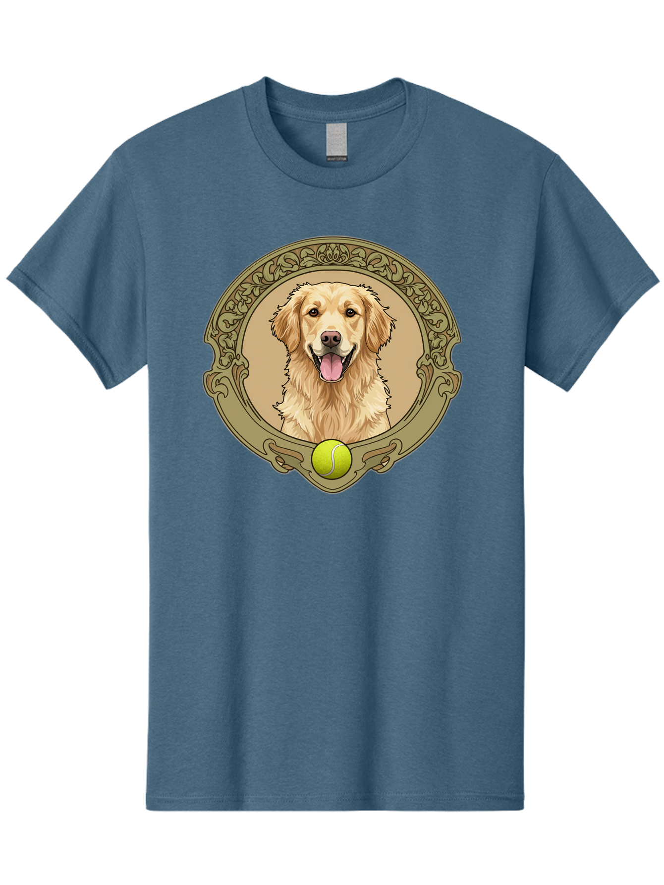 Golden-Retriever-8 Men'S Graphic Tee, 100% Cotton, Comfortable Casual Summer Wear, Machine Washable, Golden Retriever Head, Happy Dog, Tennis Ball, Ornate Frame, Vintage Style, Playful Pet, Dog Illustration, Retriever Breed, Tennis Ball Theme, Bab982