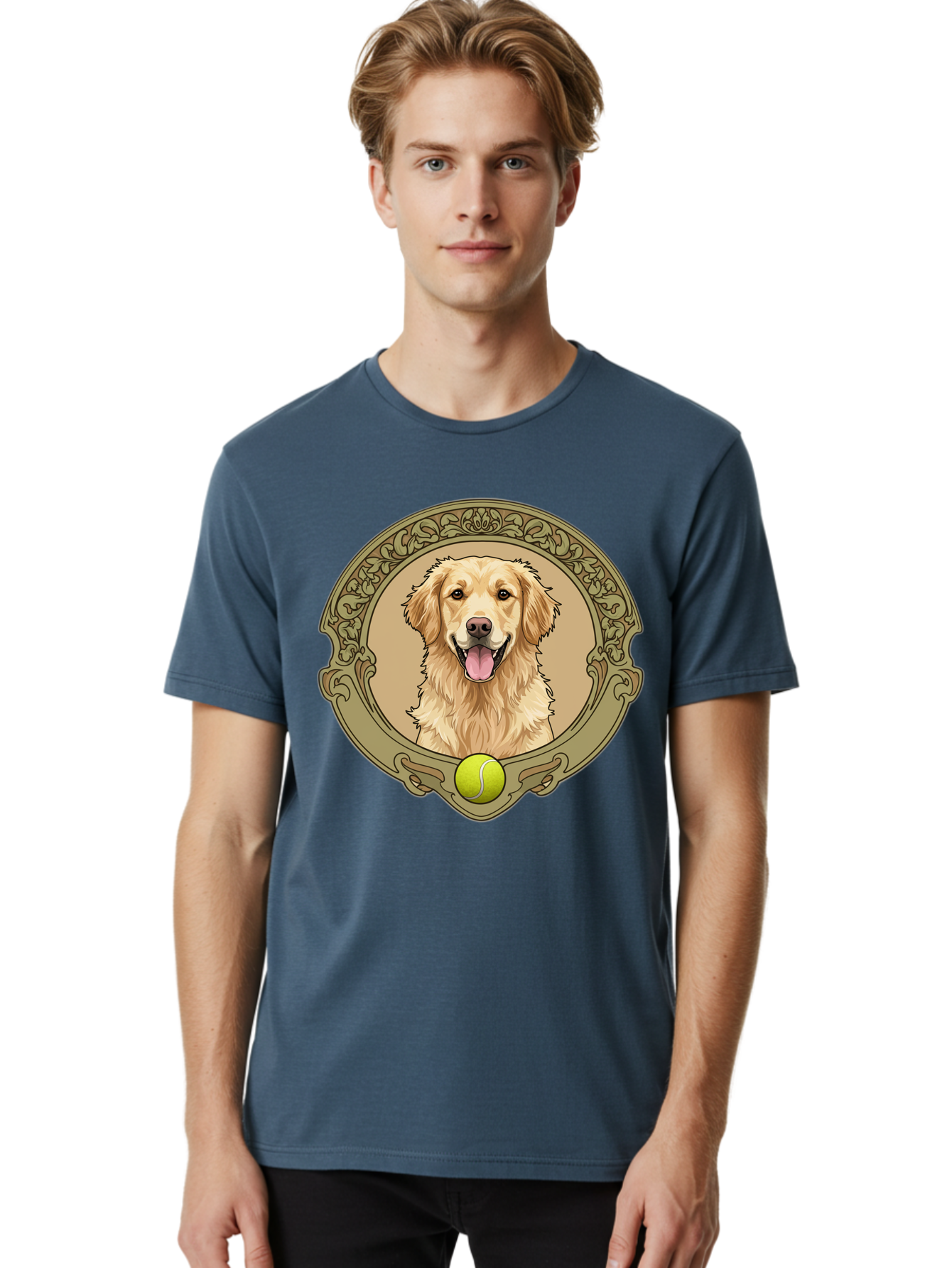 Golden-Retriever-8 Men'S Graphic Tee, 100% Cotton, Comfortable Casual Summer Wear, Machine Washable, Golden Retriever Head, Happy Dog, Tennis Ball, Ornate Frame, Vintage Style, Playful Pet, Dog Illustration, Retriever Breed, Tennis Ball Theme, Bab982