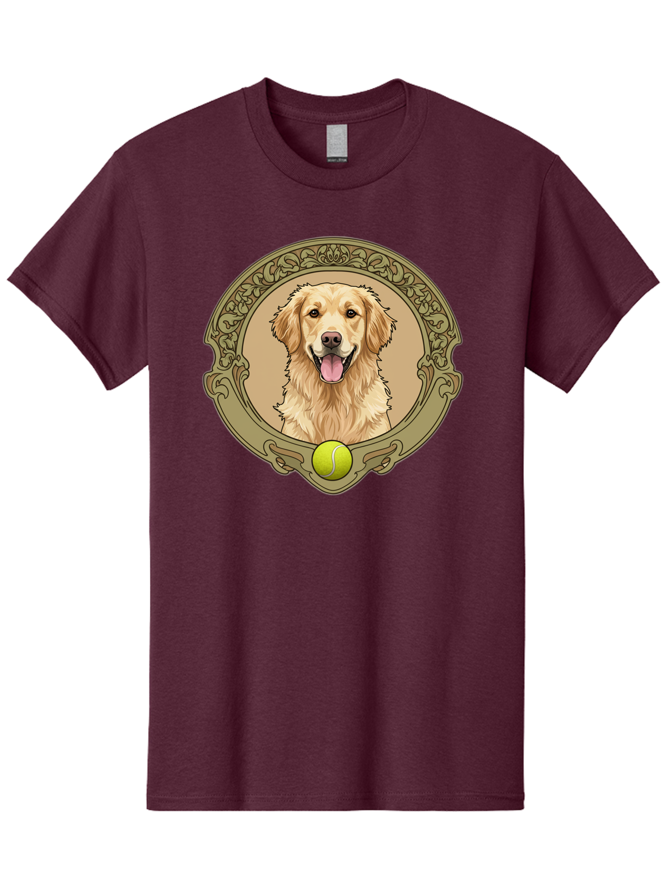 Golden-Retriever-8 Men'S Graphic Tee, 100% Cotton, Comfortable Casual Summer Wear, Machine Washable, Golden Retriever Head, Happy Dog, Tennis Ball, Ornate Frame, Vintage Style, Playful Pet, Dog Illustration, Retriever Breed, Tennis Ball Theme, Bab982