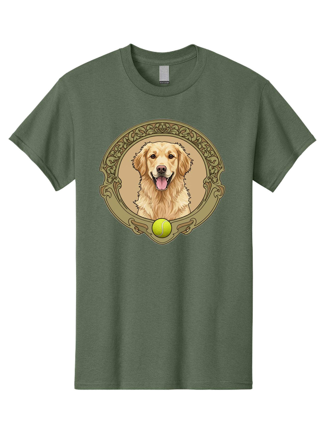 Golden-Retriever-8 Men'S Graphic Tee, 100% Cotton, Comfortable Casual Summer Wear, Machine Washable, Golden Retriever Head, Happy Dog, Tennis Ball, Ornate Frame, Vintage Style, Playful Pet, Dog Illustration, Retriever Breed, Tennis Ball Theme, Bab982