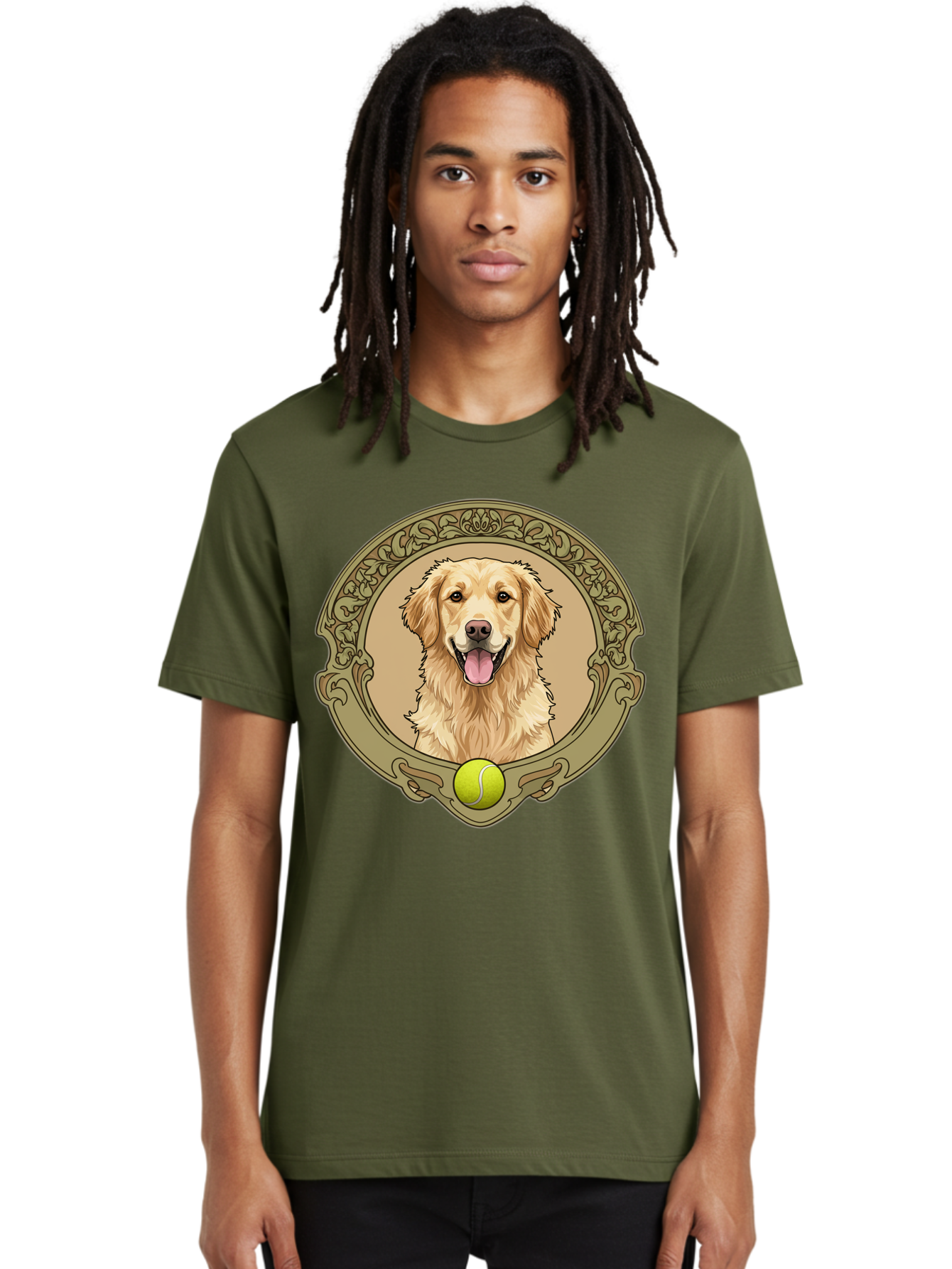 Golden-Retriever-8 Men'S Graphic Tee, 100% Cotton, Comfortable Casual Summer Wear, Machine Washable, Golden Retriever Head, Happy Dog, Tennis Ball, Ornate Frame, Vintage Style, Playful Pet, Dog Illustration, Retriever Breed, Tennis Ball Theme, Bab982