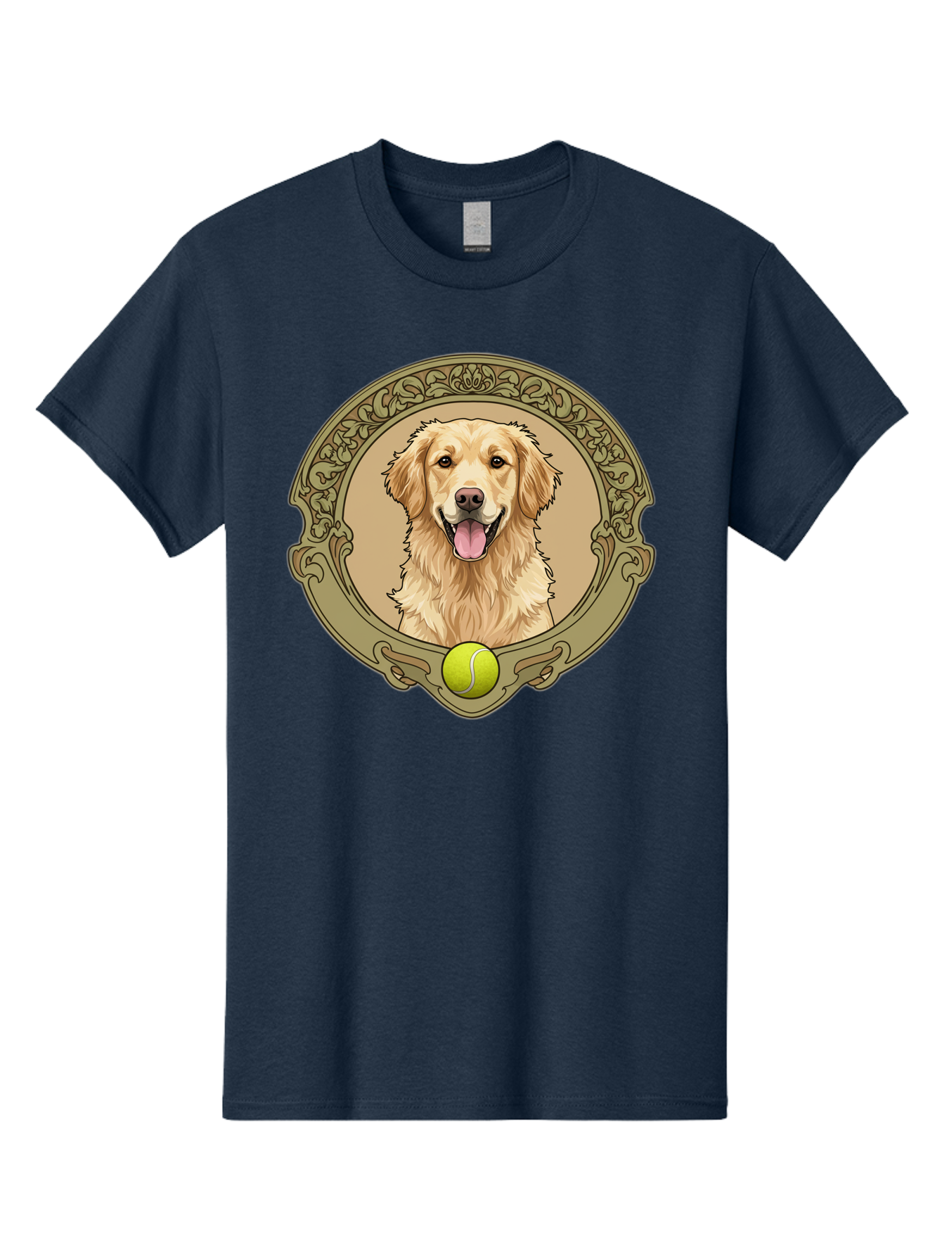 Golden-Retriever-8 Men'S Graphic Tee, 100% Cotton, Comfortable Casual Summer Wear, Machine Washable, Golden Retriever Head, Happy Dog, Tennis Ball, Ornate Frame, Vintage Style, Playful Pet, Dog Illustration, Retriever Breed, Tennis Ball Theme, Bab982