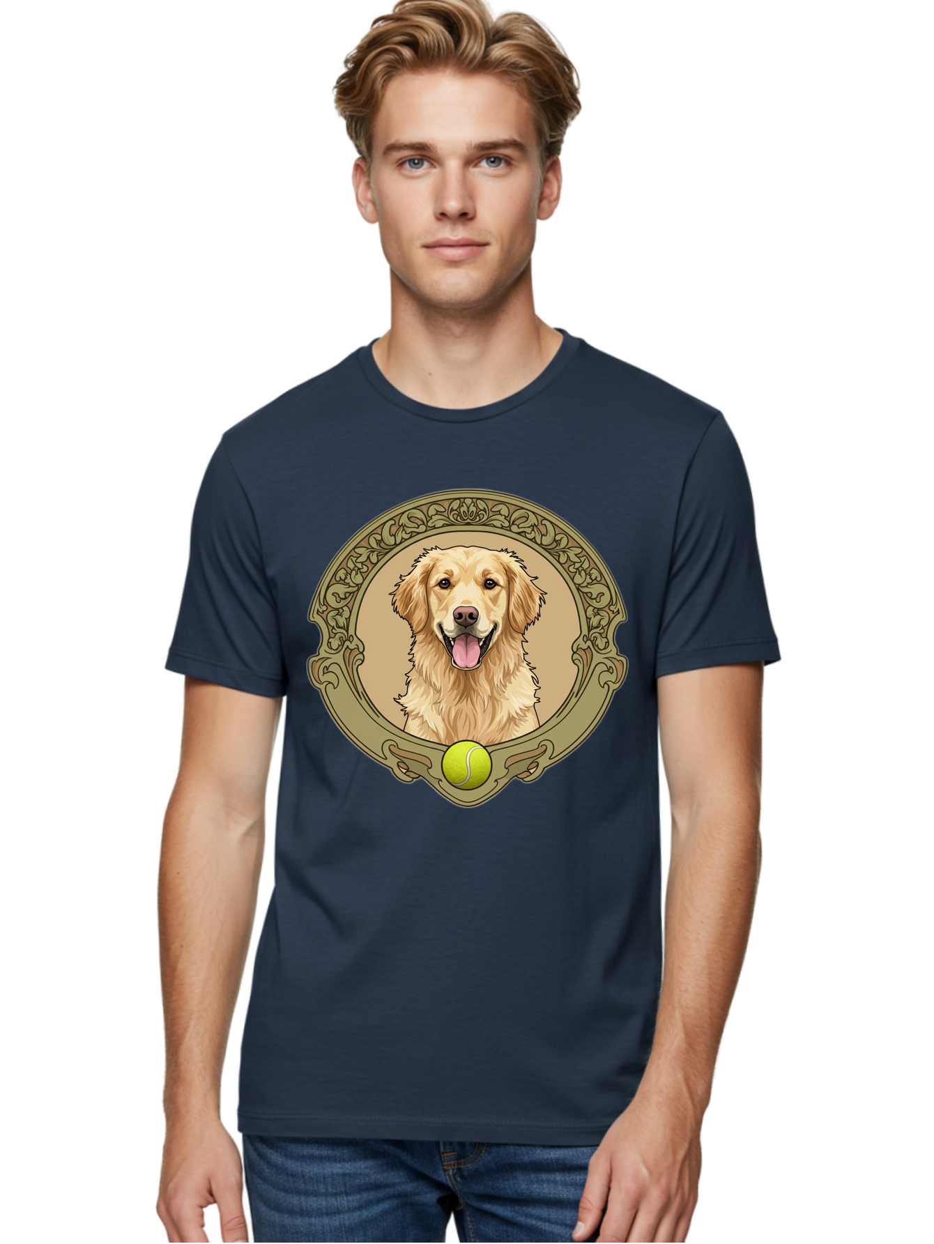 Golden-Retriever-8 Men'S Graphic Tee, 100% Cotton, Comfortable Casual Summer Wear, Machine Washable, Golden Retriever Head, Happy Dog, Tennis Ball, Ornate Frame, Vintage Style, Playful Pet, Dog Illustration, Retriever Breed, Tennis Ball Theme, Bab982