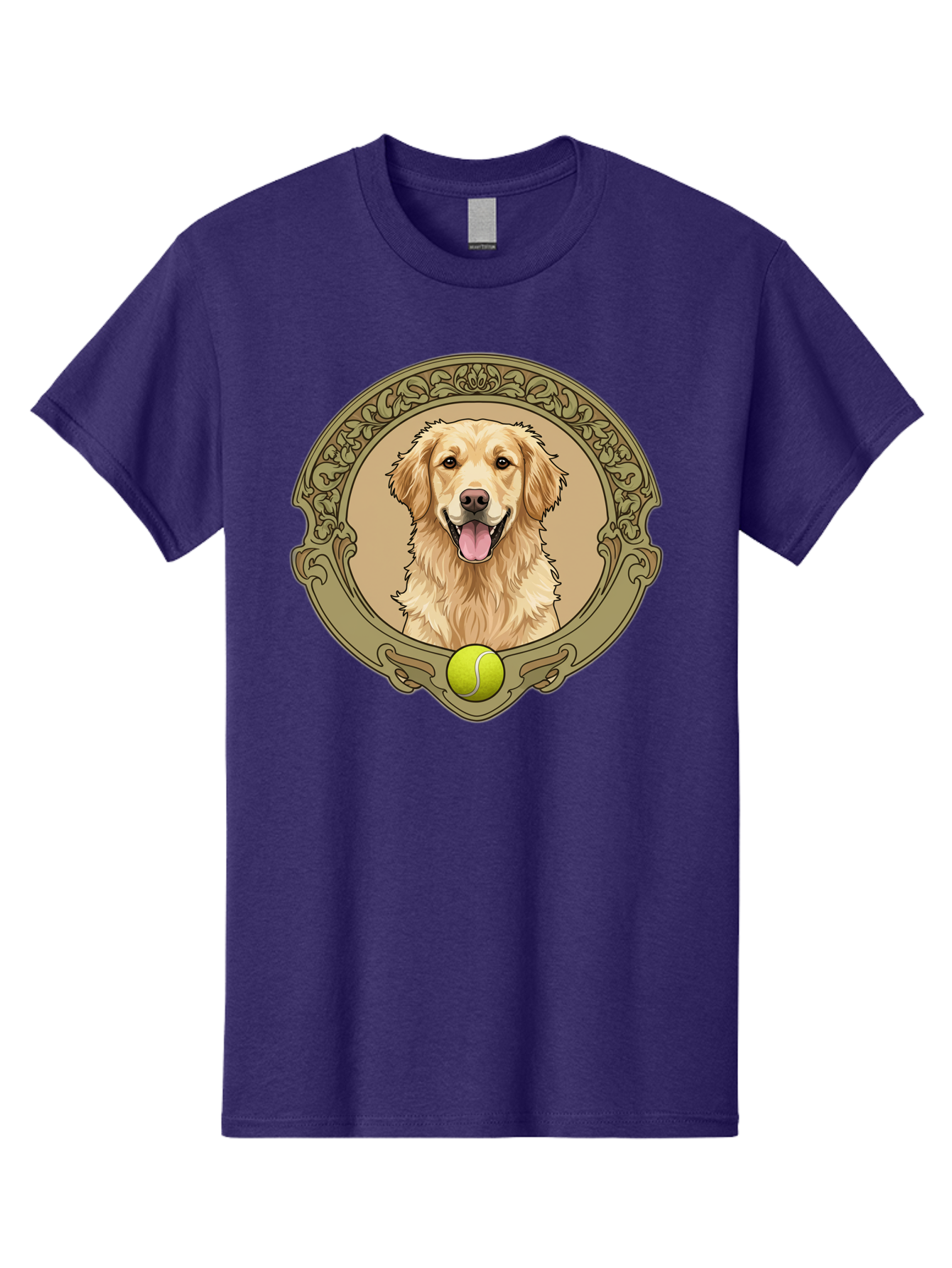 Golden-Retriever-8 Men'S Graphic Tee, 100% Cotton, Comfortable Casual Summer Wear, Machine Washable, Golden Retriever Head, Happy Dog, Tennis Ball, Ornate Frame, Vintage Style, Playful Pet, Dog Illustration, Retriever Breed, Tennis Ball Theme, Bab982