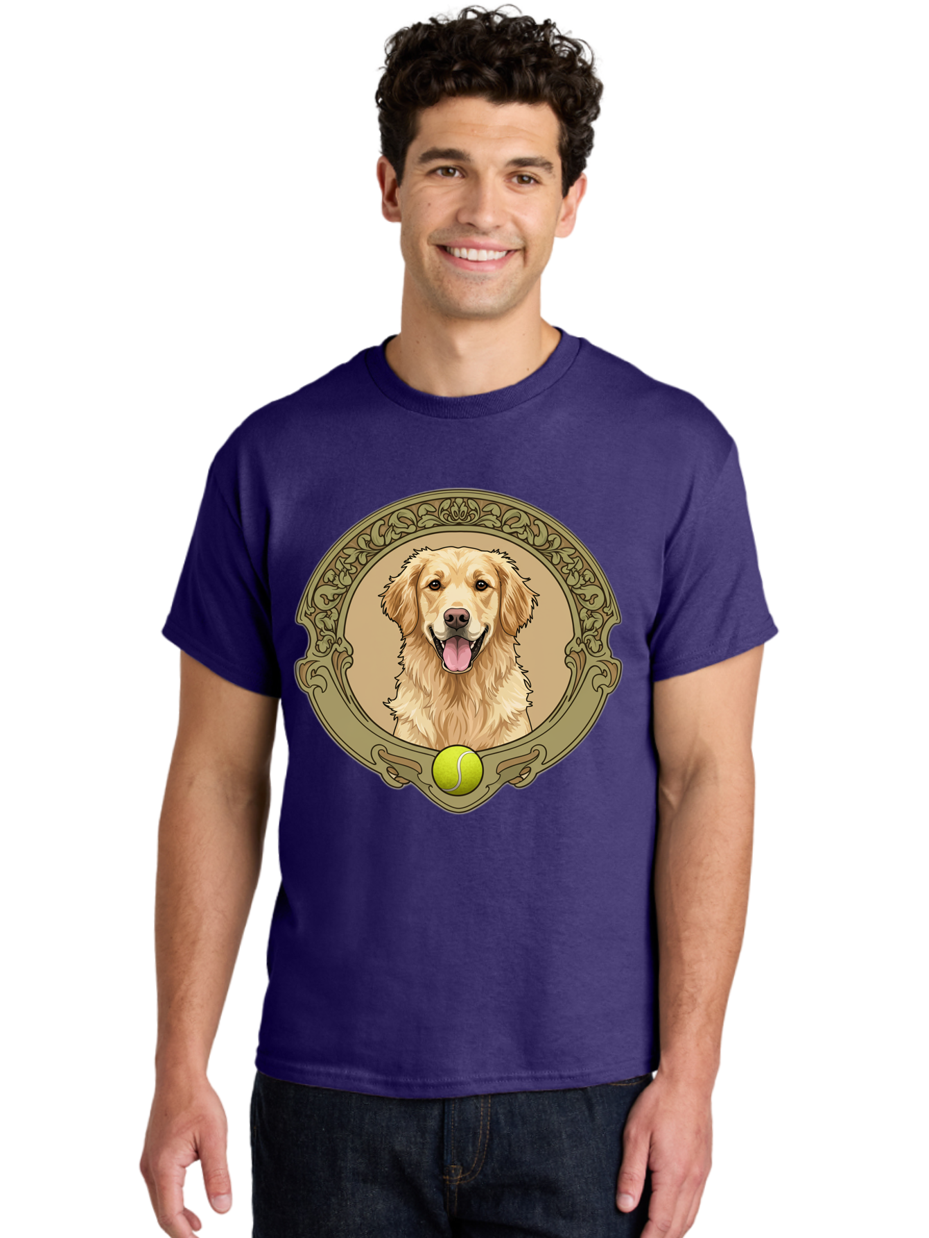 Golden-Retriever-8 Men'S Graphic Tee, 100% Cotton, Comfortable Casual Summer Wear, Machine Washable, Golden Retriever Head, Happy Dog, Tennis Ball, Ornate Frame, Vintage Style, Playful Pet, Dog Illustration, Retriever Breed, Tennis Ball Theme, Bab982