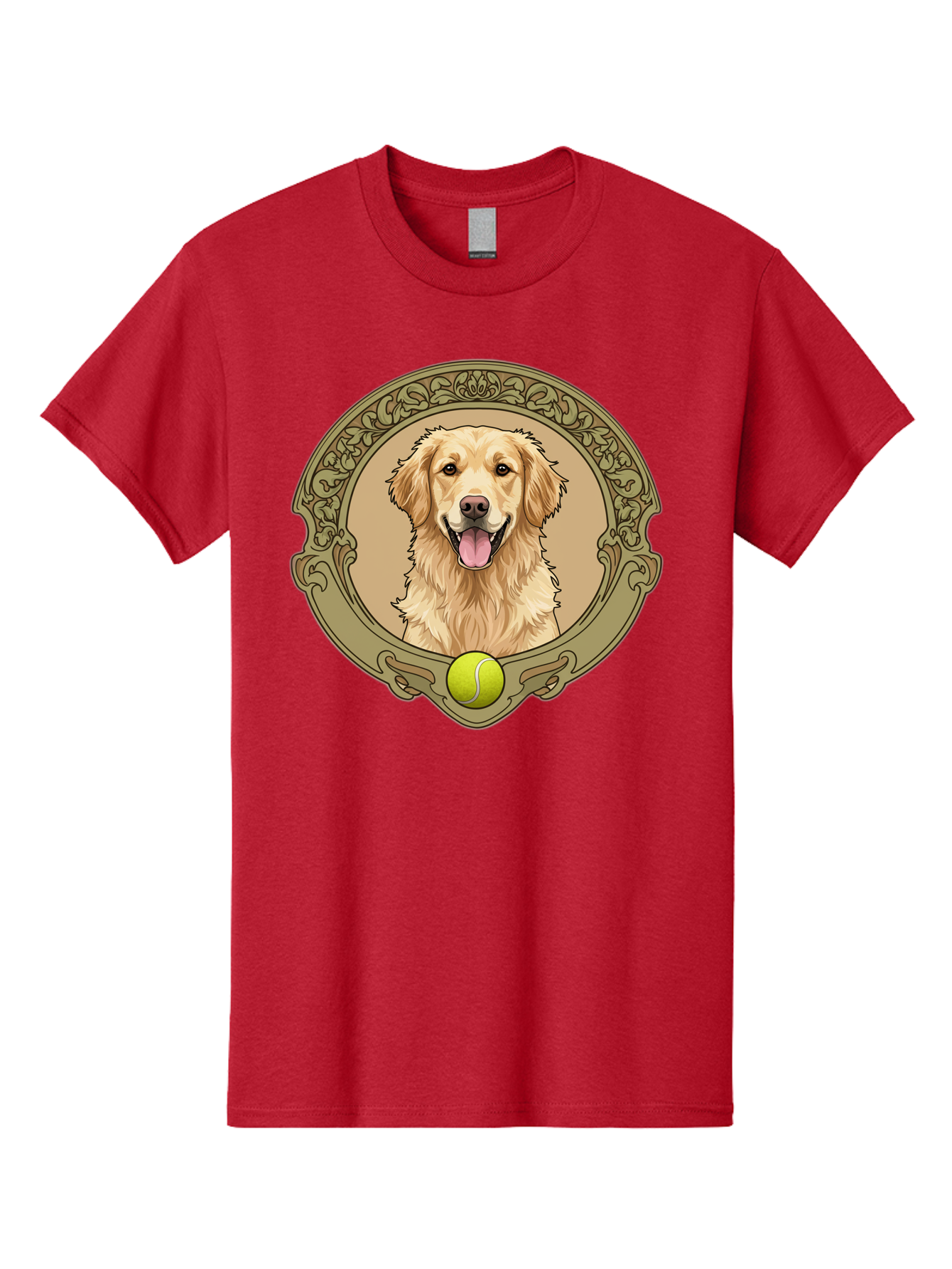 Golden-Retriever-8 Men'S Graphic Tee, 100% Cotton, Comfortable Casual Summer Wear, Machine Washable, Golden Retriever Head, Happy Dog, Tennis Ball, Ornate Frame, Vintage Style, Playful Pet, Dog Illustration, Retriever Breed, Tennis Ball Theme, Bab982