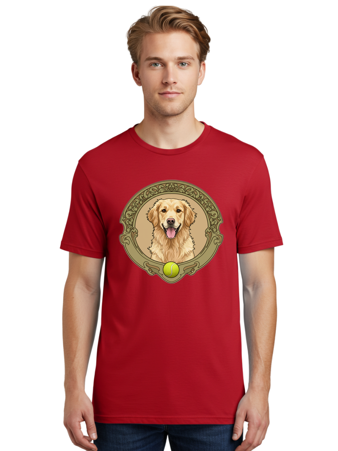 Golden-Retriever-8 Men'S Graphic Tee, 100% Cotton, Comfortable Casual Summer Wear, Machine Washable, Golden Retriever Head, Happy Dog, Tennis Ball, Ornate Frame, Vintage Style, Playful Pet, Dog Illustration, Retriever Breed, Tennis Ball Theme, Bab982