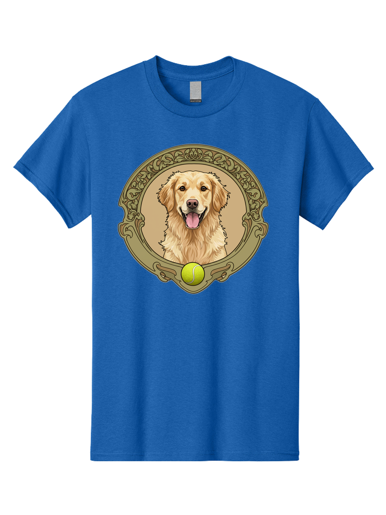 Golden-Retriever-8 Men'S Graphic Tee, 100% Cotton, Comfortable Casual Summer Wear, Machine Washable, Golden Retriever Head, Happy Dog, Tennis Ball, Ornate Frame, Vintage Style, Playful Pet, Dog Illustration, Retriever Breed, Tennis Ball Theme, Bab982