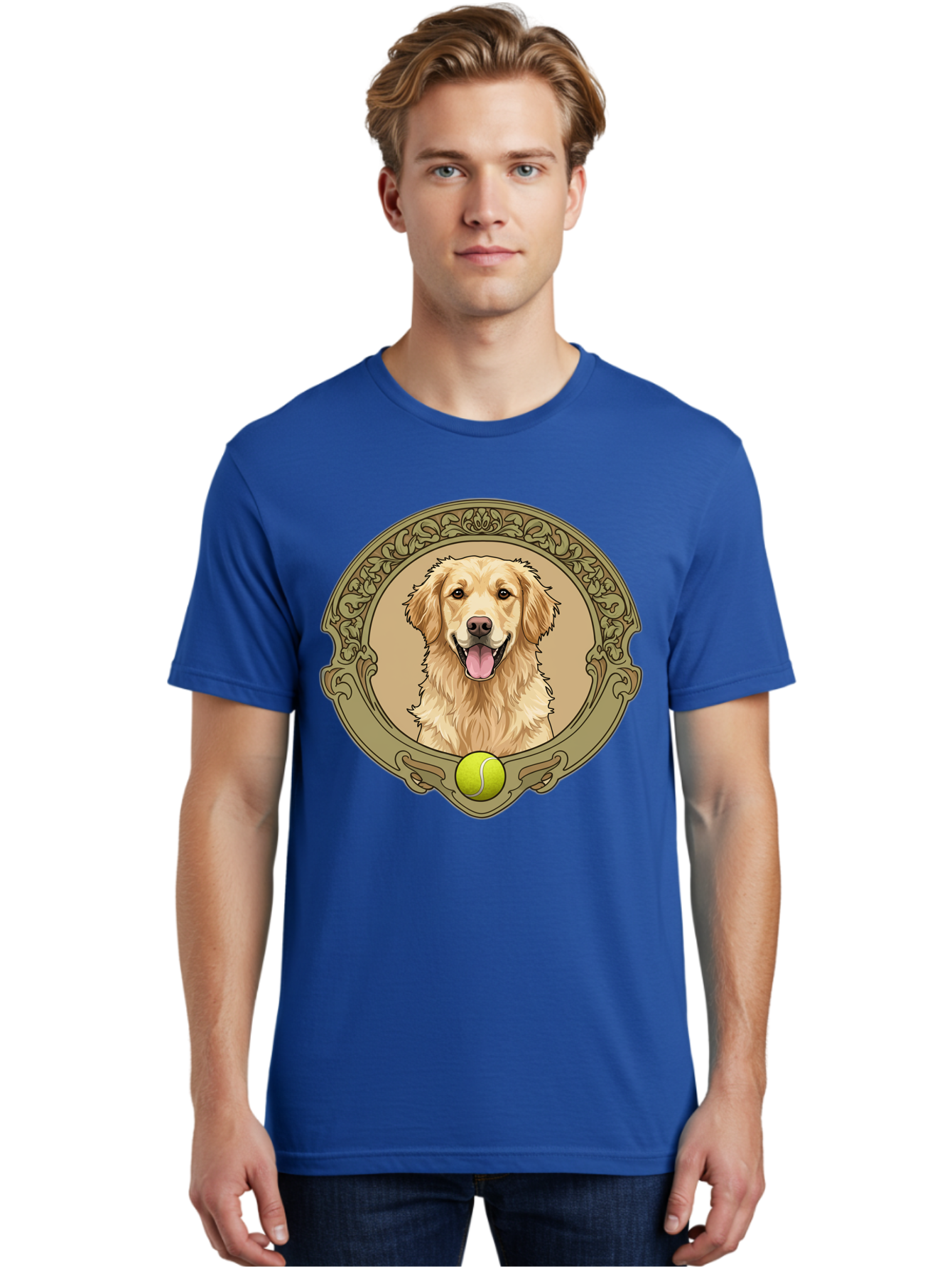 Golden-Retriever-8 Men'S Graphic Tee, 100% Cotton, Comfortable Casual Summer Wear, Machine Washable, Golden Retriever Head, Happy Dog, Tennis Ball, Ornate Frame, Vintage Style, Playful Pet, Dog Illustration, Retriever Breed, Tennis Ball Theme, Bab982