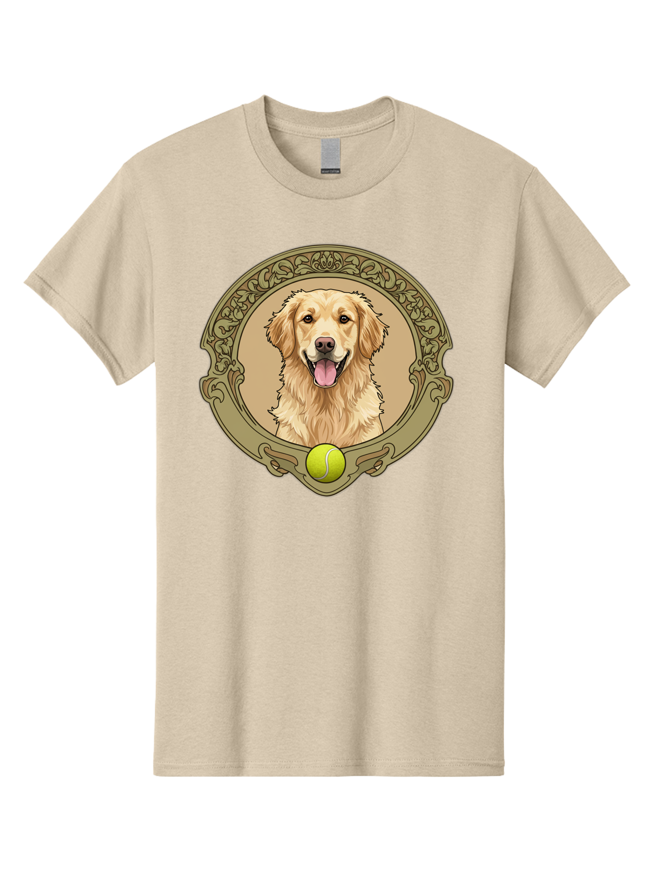 Golden-Retriever-8 Men'S Graphic Tee, 100% Cotton, Comfortable Casual Summer Wear, Machine Washable, Golden Retriever Head, Happy Dog, Tennis Ball, Ornate Frame, Vintage Style, Playful Pet, Dog Illustration, Retriever Breed, Tennis Ball Theme, Bab982