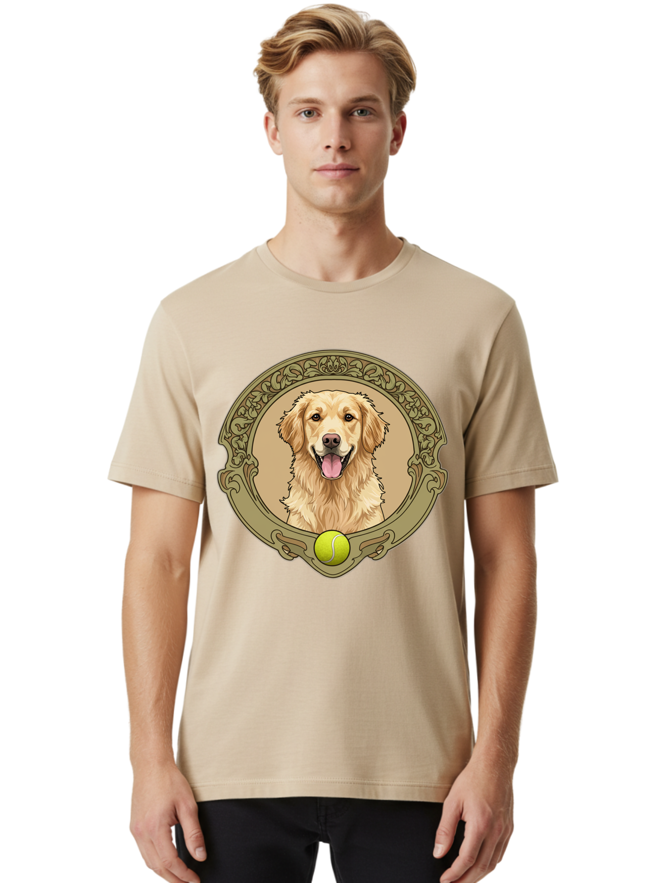 Golden-Retriever-8 Men'S Graphic Tee, 100% Cotton, Comfortable Casual Summer Wear, Machine Washable, Golden Retriever Head, Happy Dog, Tennis Ball, Ornate Frame, Vintage Style, Playful Pet, Dog Illustration, Retriever Breed, Tennis Ball Theme, Bab982