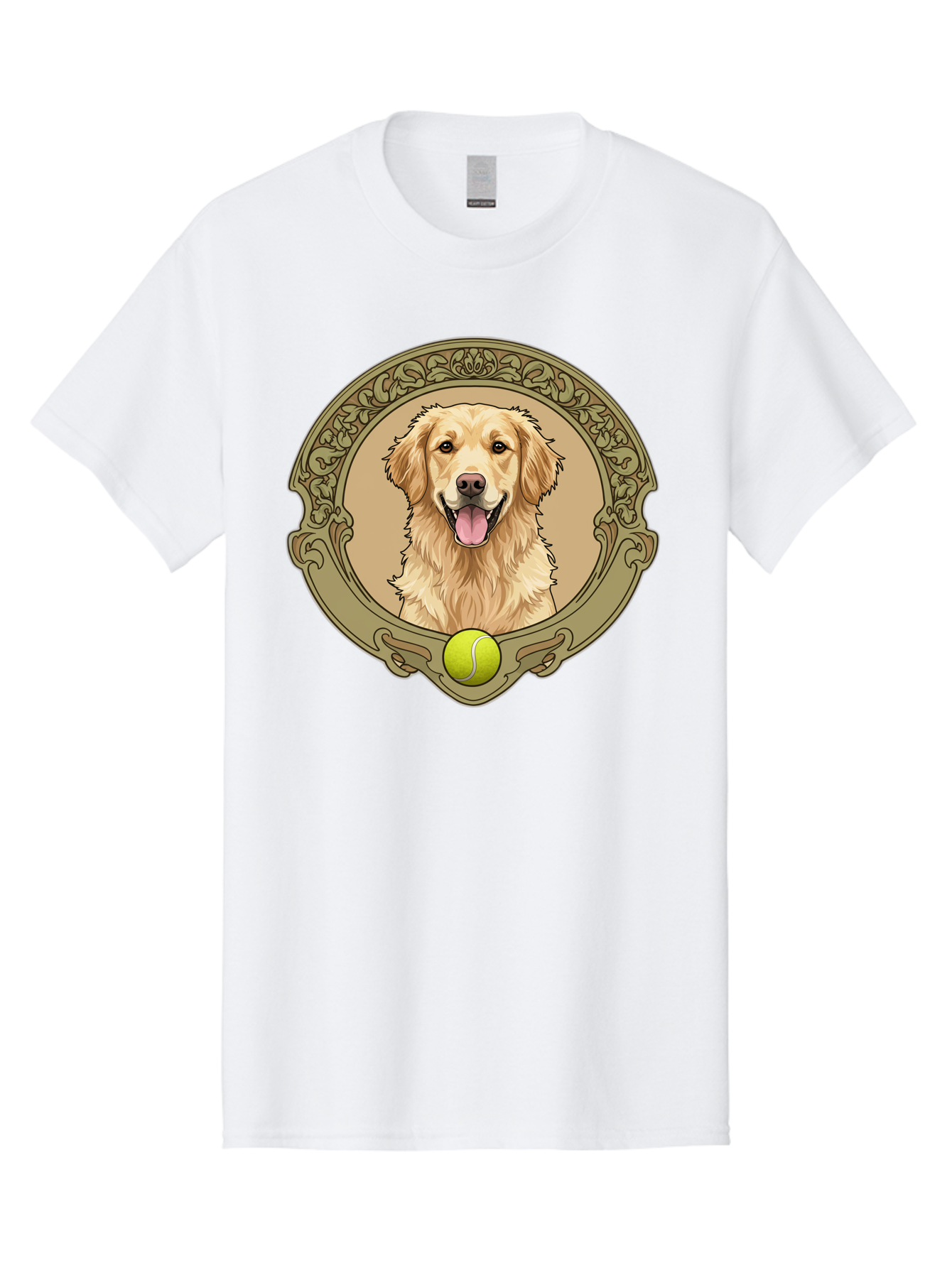 Golden-Retriever-8 Men'S Graphic Tee, 100% Cotton, Comfortable Casual Summer Wear, Machine Washable, Golden Retriever Head, Happy Dog, Tennis Ball, Ornate Frame, Vintage Style, Playful Pet, Dog Illustration, Retriever Breed, Tennis Ball Theme, Bab982