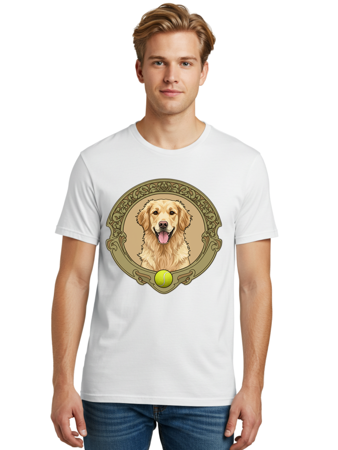 Golden-Retriever-8 Men'S Graphic Tee, 100% Cotton, Comfortable Casual Summer Wear, Machine Washable, Golden Retriever Head, Happy Dog, Tennis Ball, Ornate Frame, Vintage Style, Playful Pet, Dog Illustration, Retriever Breed, Tennis Ball Theme, Bab982