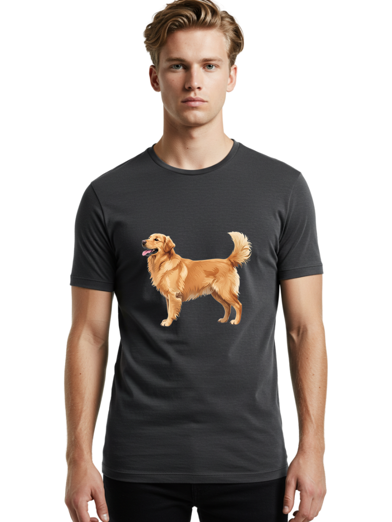 Golden-Retriever-9 Men'S Graphic Tee, 100% Cotton, Comfortable Casual Summer Wear, Machine Washable, Golden Retriever Dog, Happy Dog, Dog Portrait, Canine, Furry Friend, Playful Pet, Illustration, Cartoon Dog, Friendly Animal Bab983