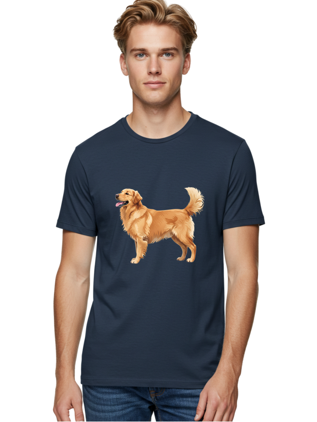 Golden-Retriever-9 Men'S Graphic Tee, 100% Cotton, Comfortable Casual Summer Wear, Machine Washable, Golden Retriever Dog, Happy Dog, Dog Portrait, Canine, Furry Friend, Playful Pet, Illustration, Cartoon Dog, Friendly Animal Bab983