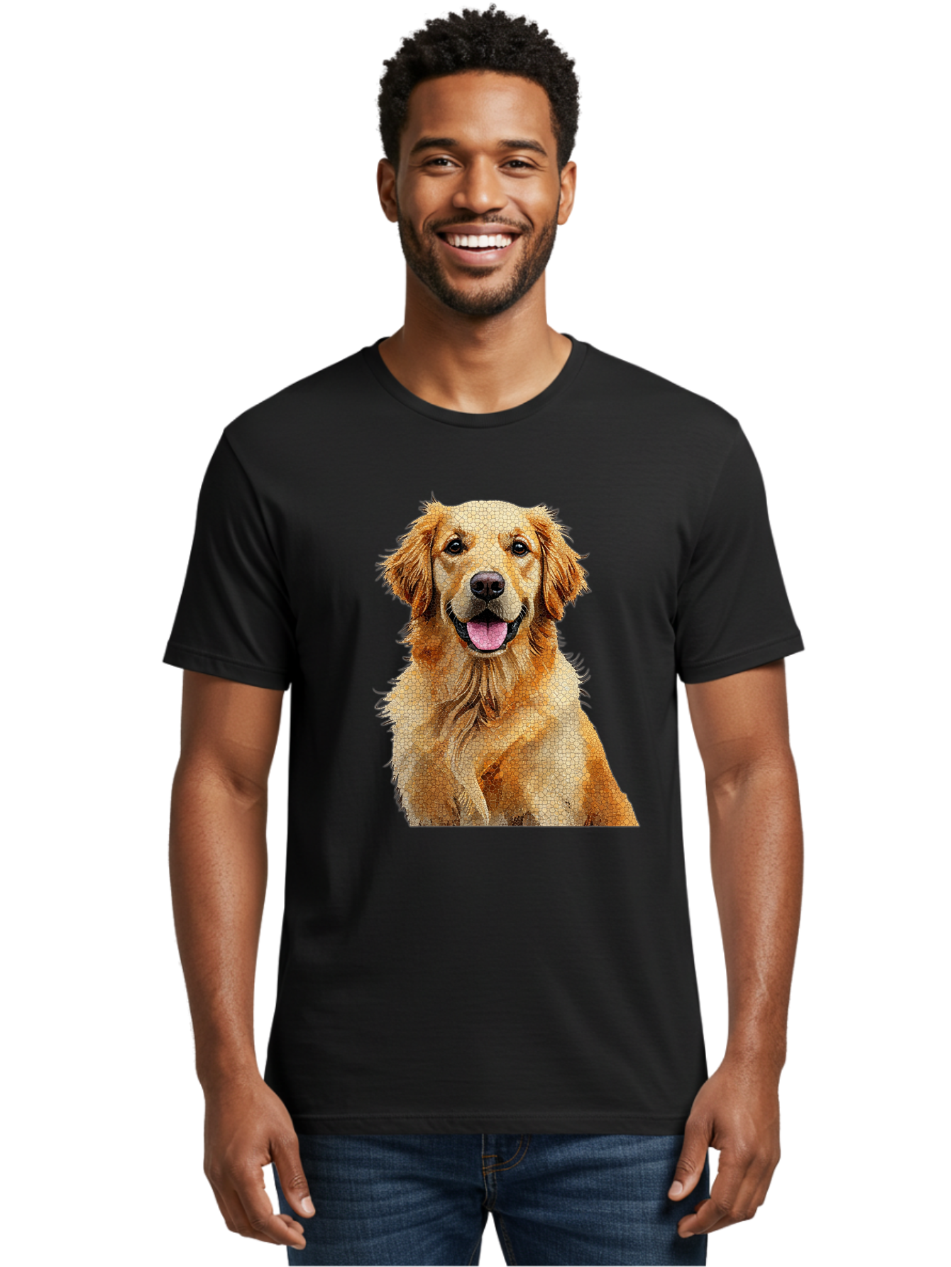 Golden-Retriever-Dog Men'S Graphic Tee, 100% Cotton, Comfortable Casual Summer Wear, Machine Washable, Golden Retriever, Happy Dog, Furry Friend, Dog Portrait, Happy Expression, Tongue Out, Dog Photography, Canine Companion, Friendly Animal Bab984
