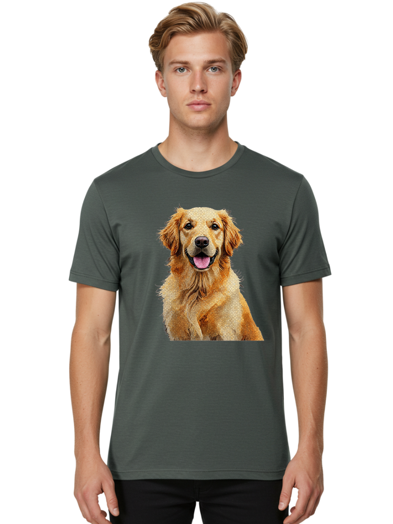 Golden-Retriever-Dog Men'S Graphic Tee, 100% Cotton, Comfortable Casual Summer Wear, Machine Washable, Golden Retriever, Happy Dog, Furry Friend, Dog Portrait, Happy Expression, Tongue Out, Dog Photography, Canine Companion, Friendly Animal Bab984