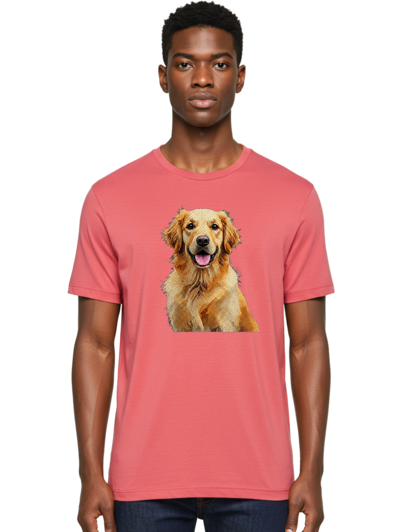 Golden-Retriever-Dog Men'S Graphic Tee, 100% Cotton, Comfortable Casual Summer Wear, Machine Washable, Golden Retriever, Happy Dog, Furry Friend, Dog Portrait, Happy Expression, Tongue Out, Dog Photography, Canine Companion, Friendly Animal Bab984