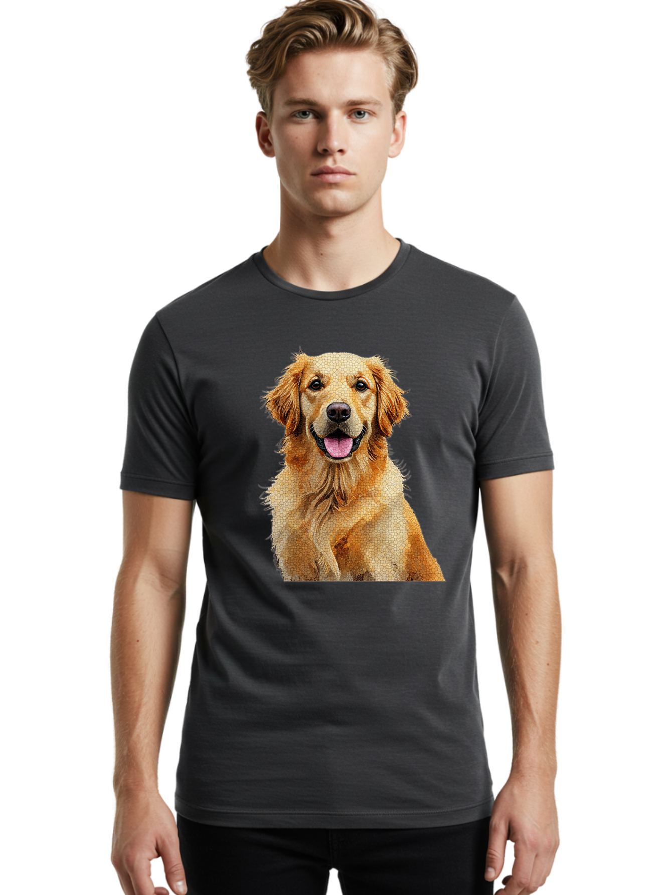 Golden-Retriever-Dog Men'S Graphic Tee, 100% Cotton, Comfortable Casual Summer Wear, Machine Washable, Golden Retriever, Happy Dog, Furry Friend, Dog Portrait, Happy Expression, Tongue Out, Dog Photography, Canine Companion, Friendly Animal Bab984