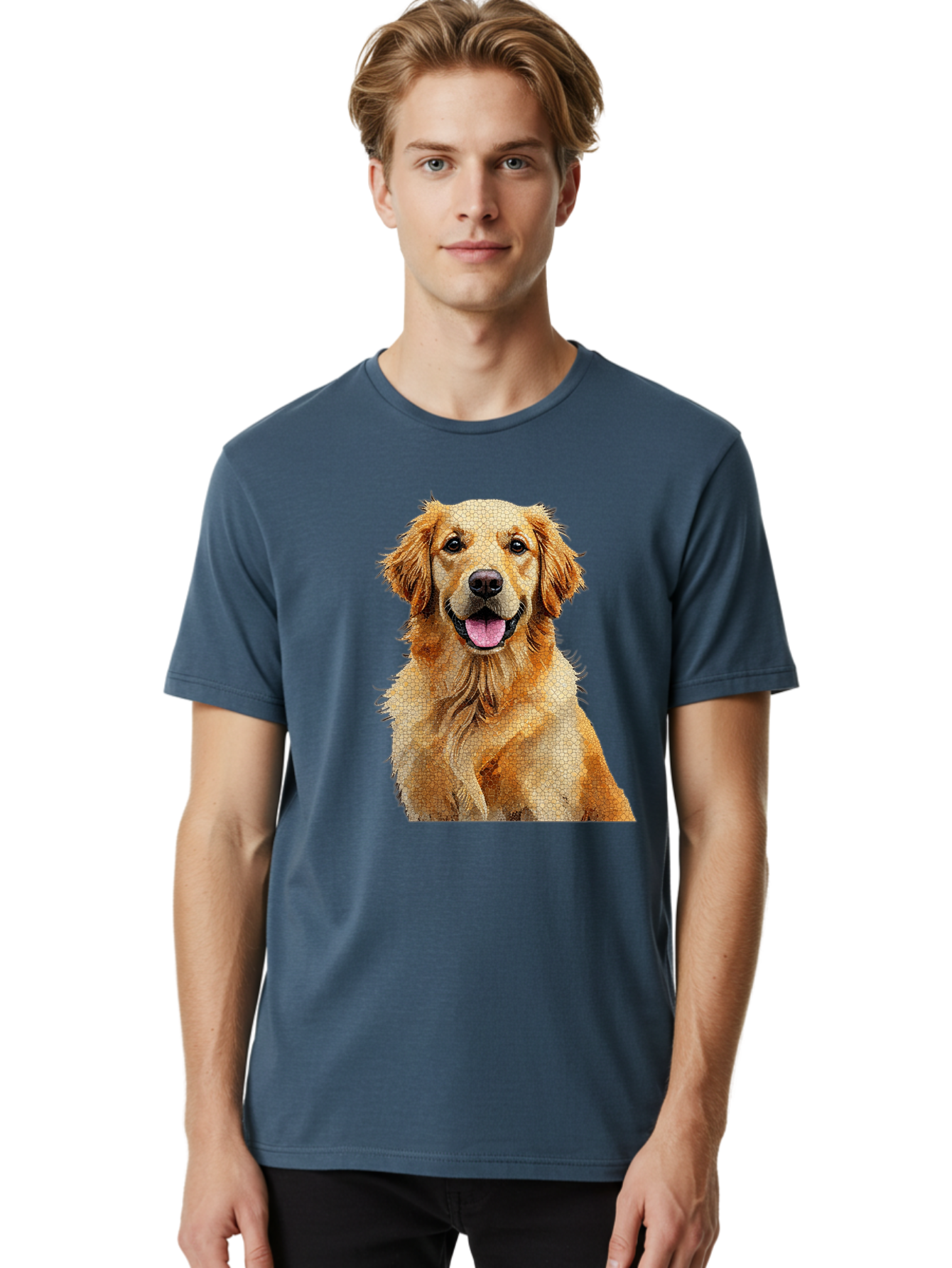 Golden-Retriever-Dog Men'S Graphic Tee, 100% Cotton, Comfortable Casual Summer Wear, Machine Washable, Golden Retriever, Happy Dog, Furry Friend, Dog Portrait, Happy Expression, Tongue Out, Dog Photography, Canine Companion, Friendly Animal Bab984