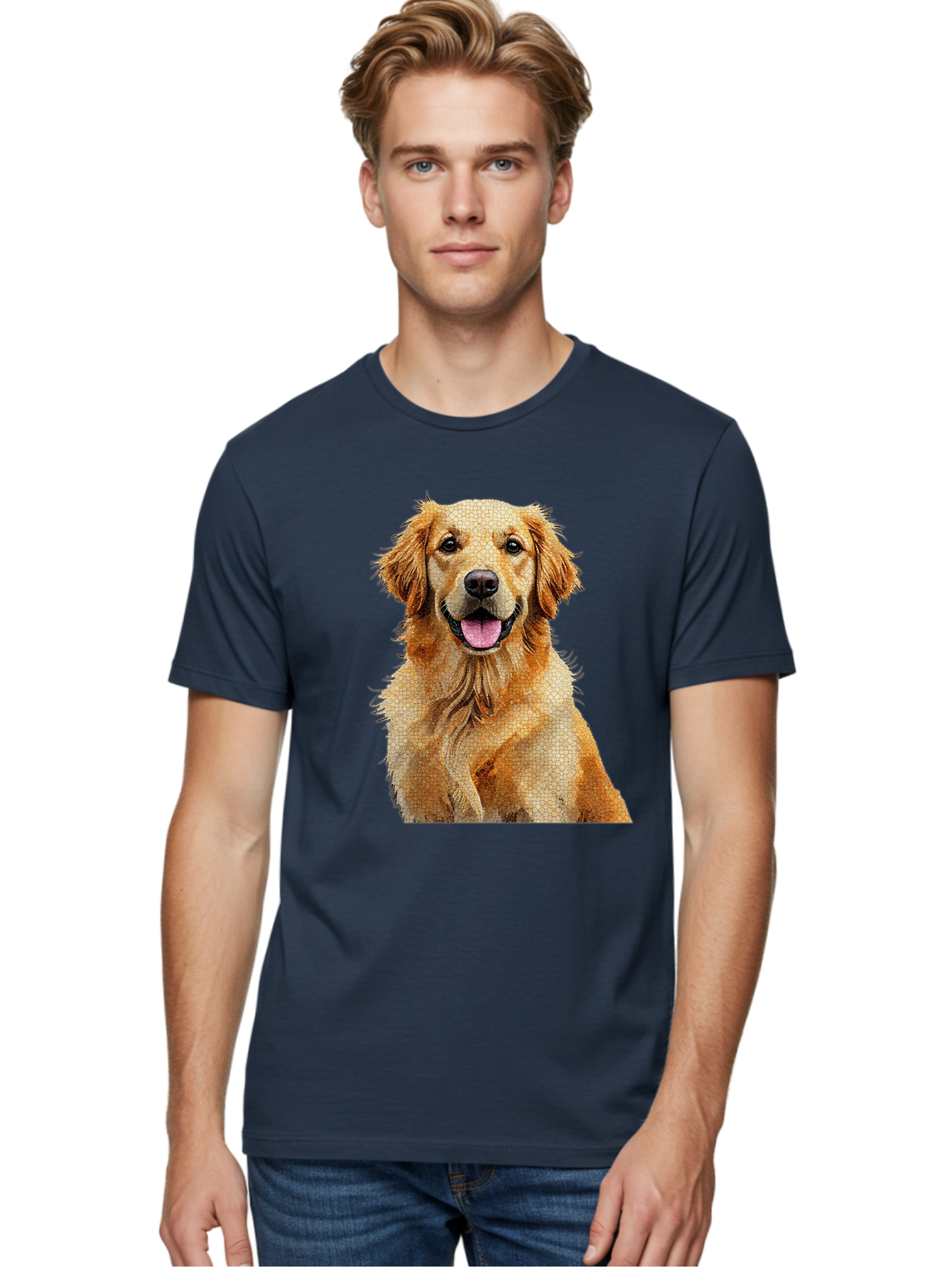 Golden-Retriever-Dog Men'S Graphic Tee, 100% Cotton, Comfortable Casual Summer Wear, Machine Washable, Golden Retriever, Happy Dog, Furry Friend, Dog Portrait, Happy Expression, Tongue Out, Dog Photography, Canine Companion, Friendly Animal Bab984