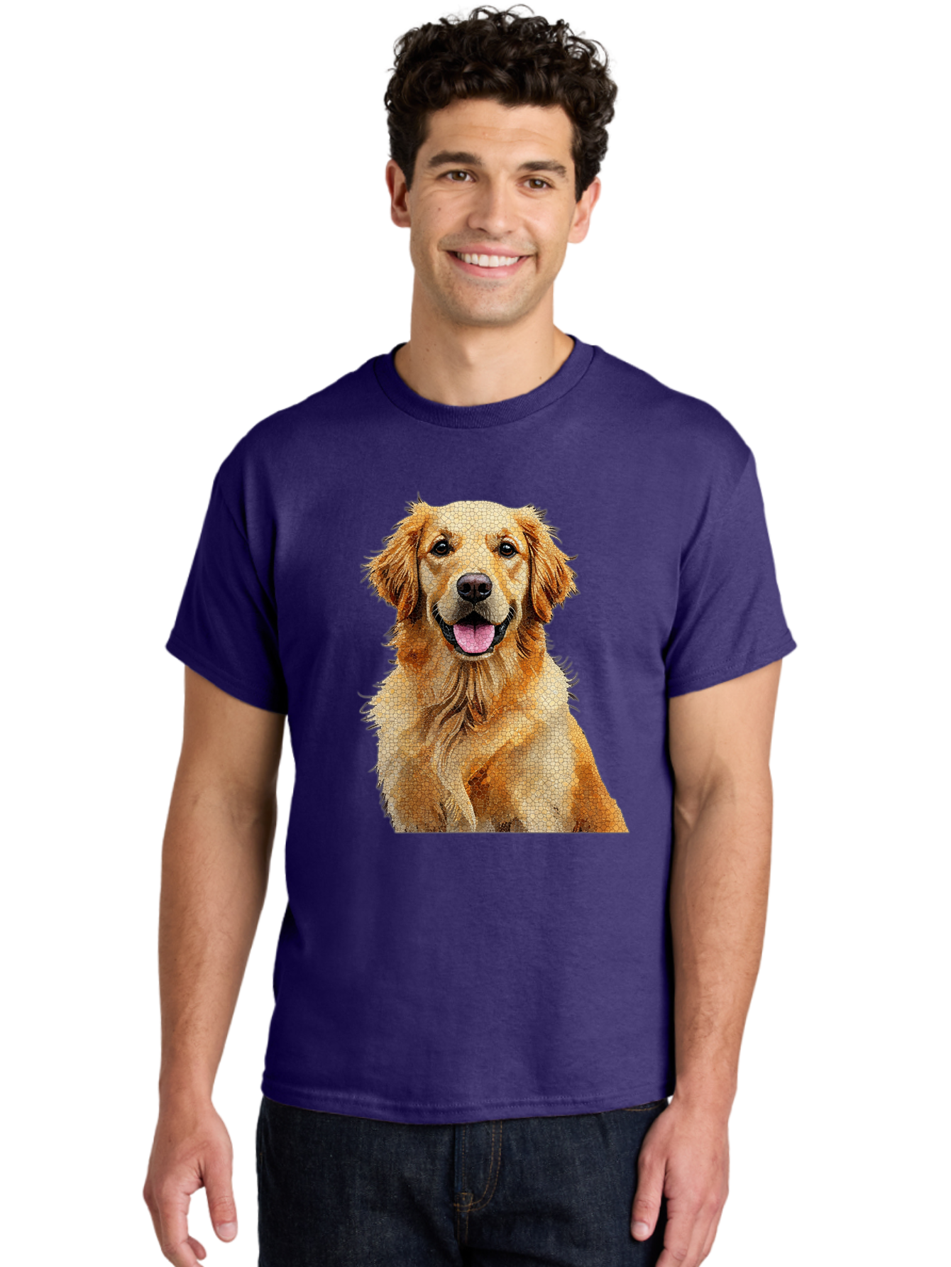 Golden-Retriever-Dog Men'S Graphic Tee, 100% Cotton, Comfortable Casual Summer Wear, Machine Washable, Golden Retriever, Happy Dog, Furry Friend, Dog Portrait, Happy Expression, Tongue Out, Dog Photography, Canine Companion, Friendly Animal Bab984