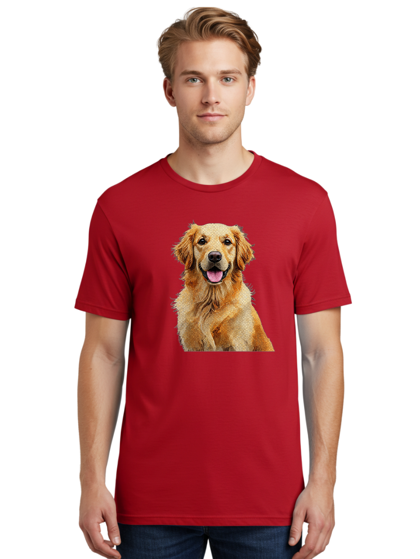 Golden-Retriever-Dog Men'S Graphic Tee, 100% Cotton, Comfortable Casual Summer Wear, Machine Washable, Golden Retriever, Happy Dog, Furry Friend, Dog Portrait, Happy Expression, Tongue Out, Dog Photography, Canine Companion, Friendly Animal Bab984